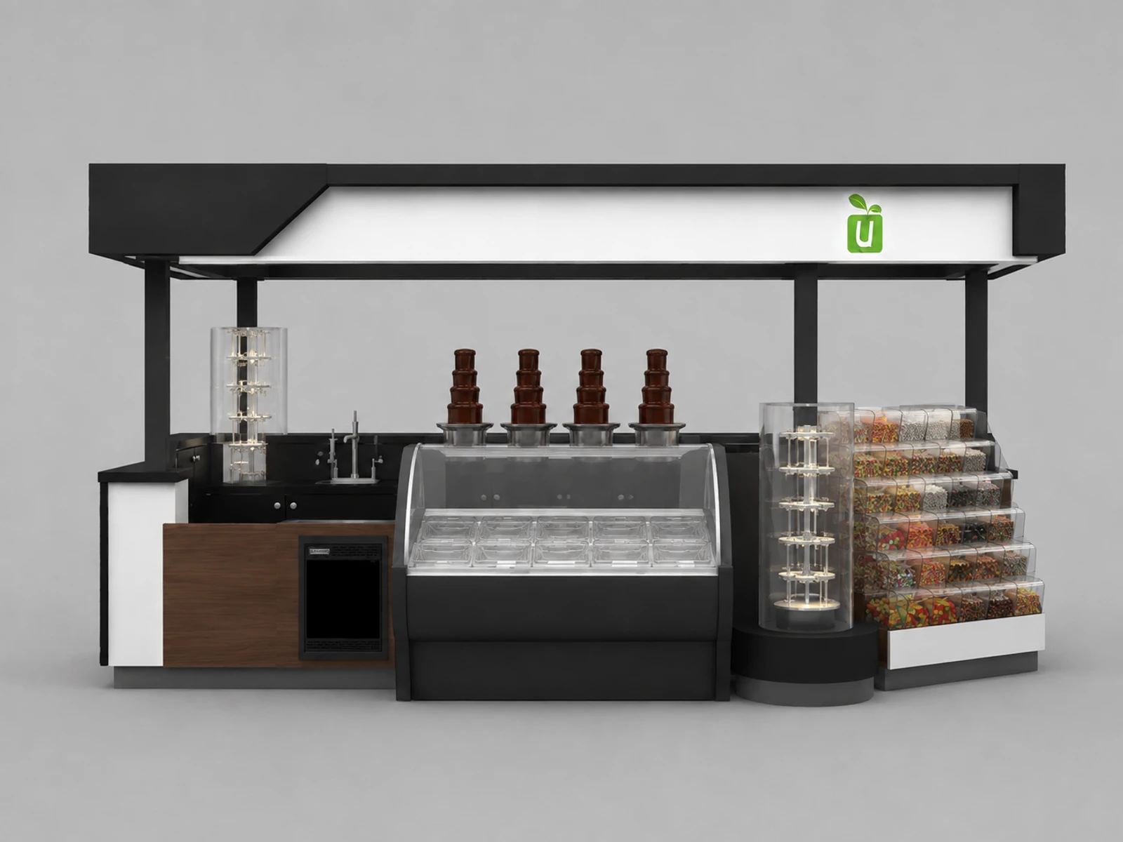 Fucntional candy and ice-cream kiosk with display shelf — additional service-side perspective