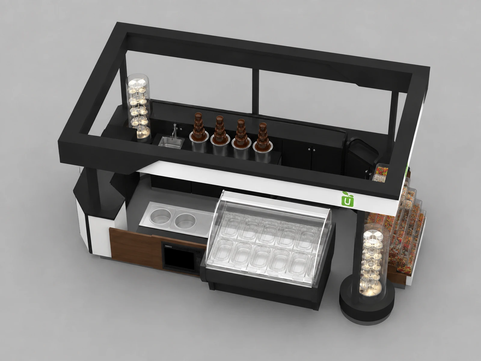 Fucntional candy and ice-cream kiosk with display shelf — elevated layout view