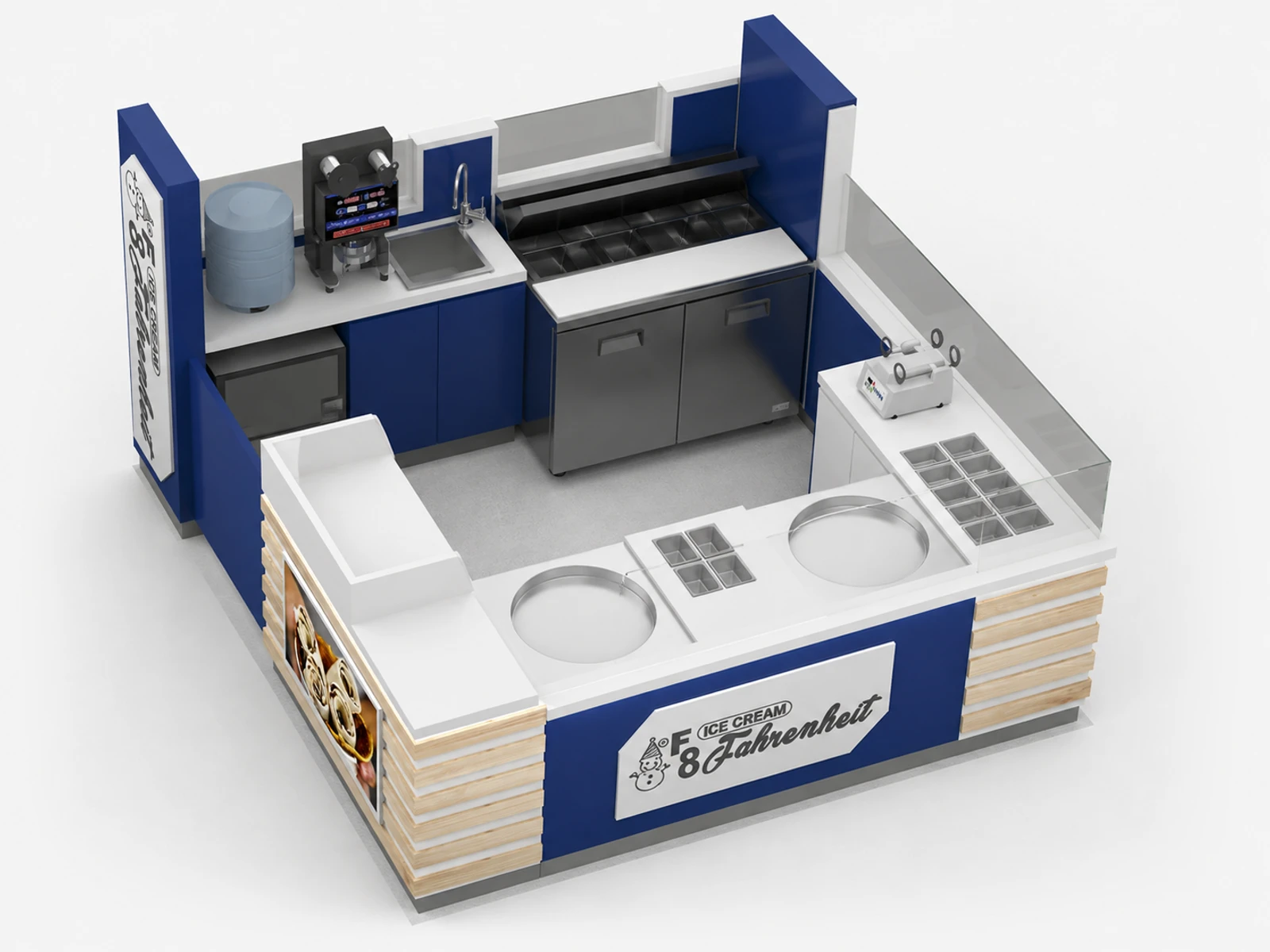 Gelato Snack Kiosk Ice Cream Mall Display Counter Custom Food Ice Cream Booth — elevated layout view