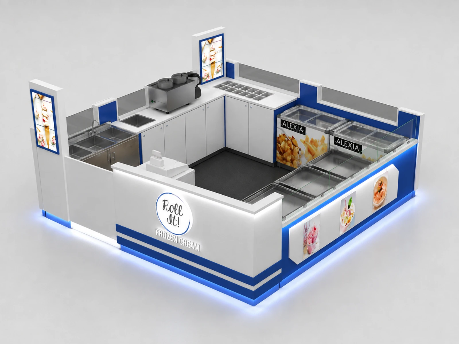 Good Quality Fried Ice Cream Kiosk Wood Material Food Stall In Shopping Mall — elevated layout view
