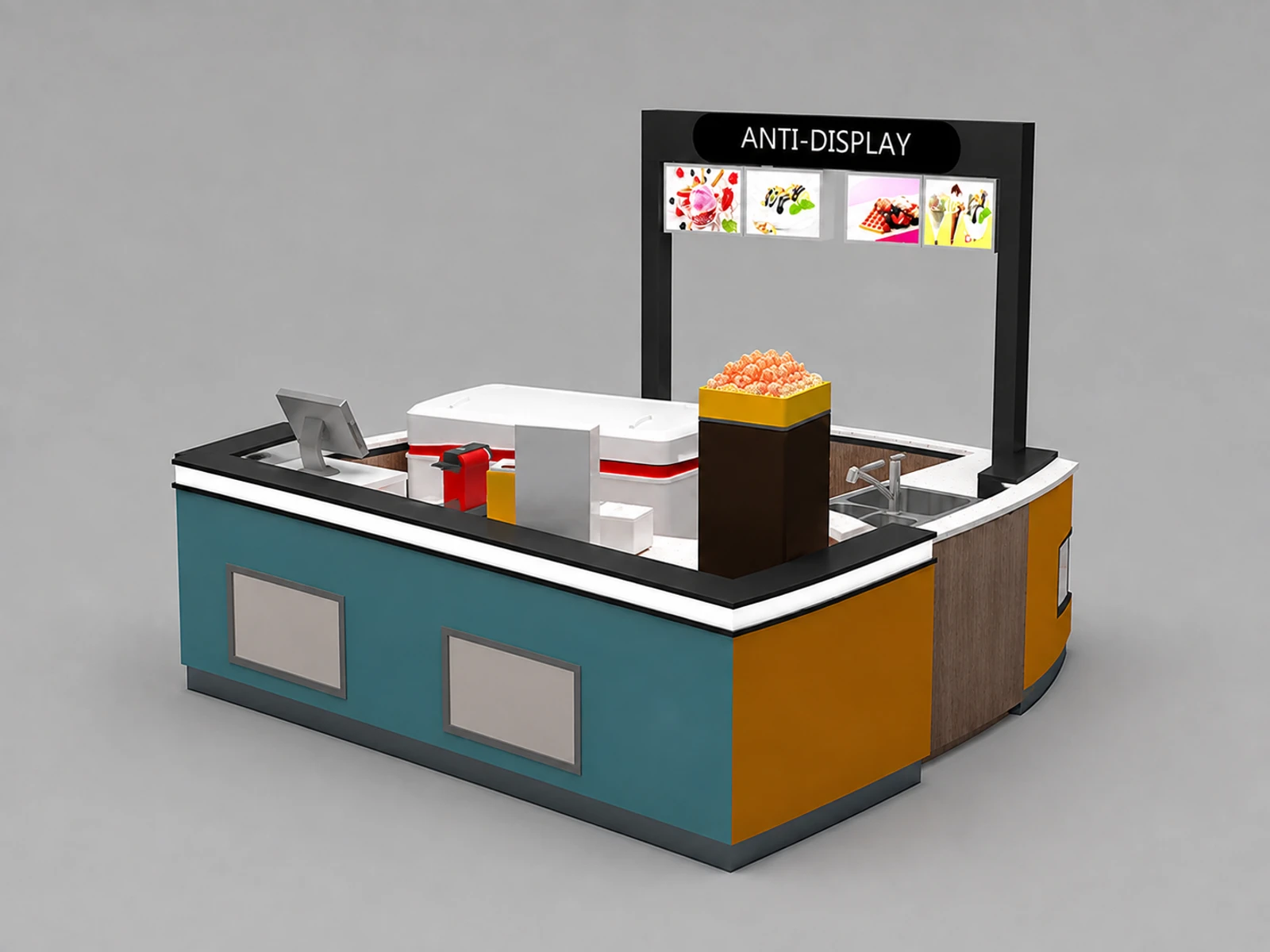 High end bubble tea kiosk frozen yogurt booth popular ice cream kiosk for sales — alternate counter perspective