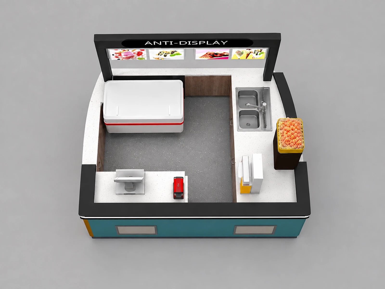 High end bubble tea kiosk frozen yogurt booth popular ice cream kiosk for sales — elevated layout view