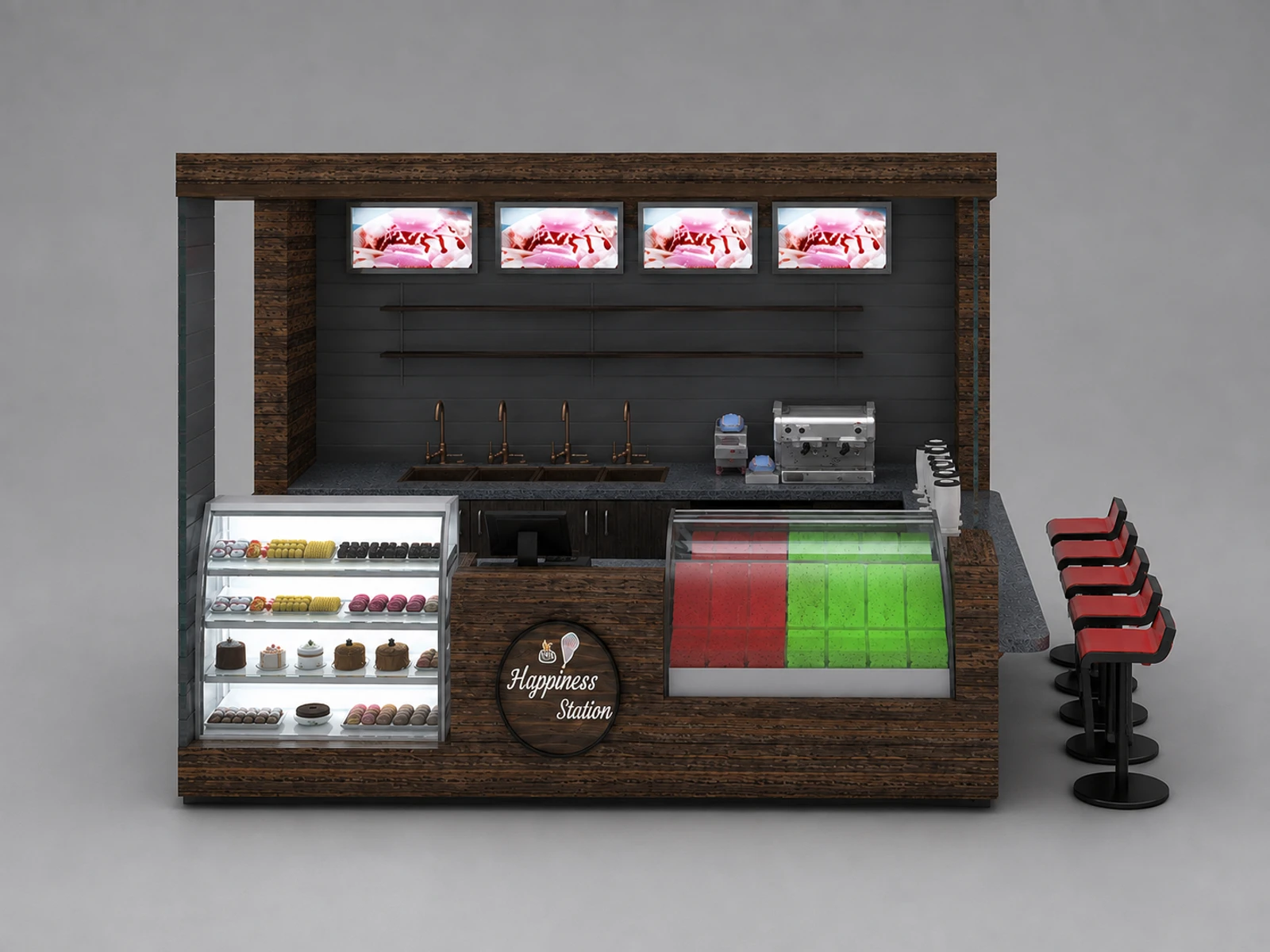 High end ice cream kiosk frozen yogurt kiosk design high quality bubble tea booth. — additional service-side perspective