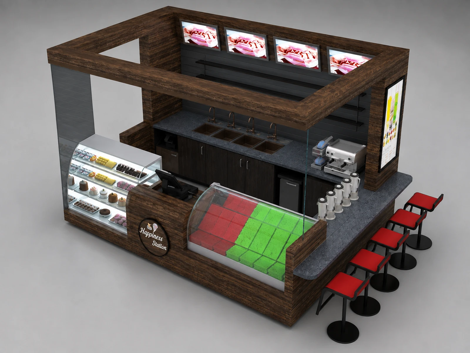 High end ice cream kiosk frozen yogurt kiosk design high quality bubble tea booth. — elevated layout view