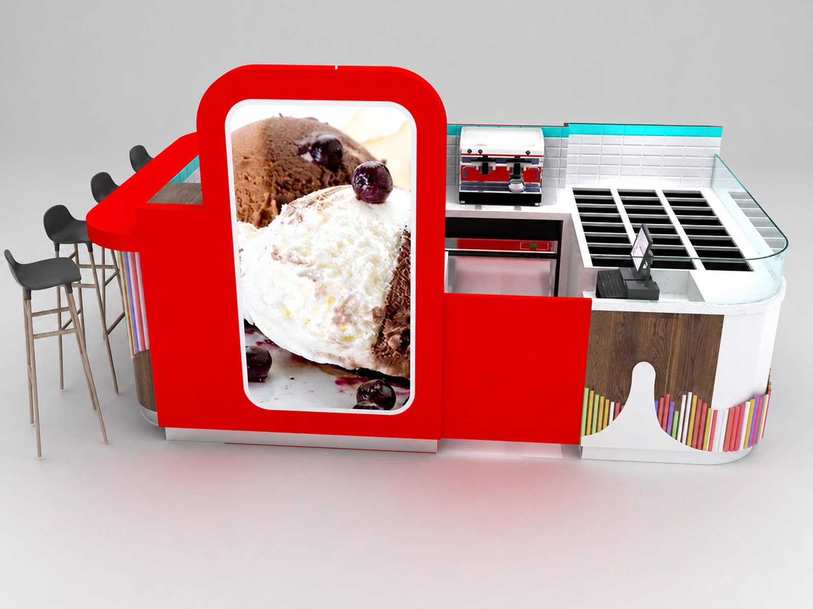 High quality ice -cream kiosk design frozen yogurt kiosk with bar counter — overall kiosk design