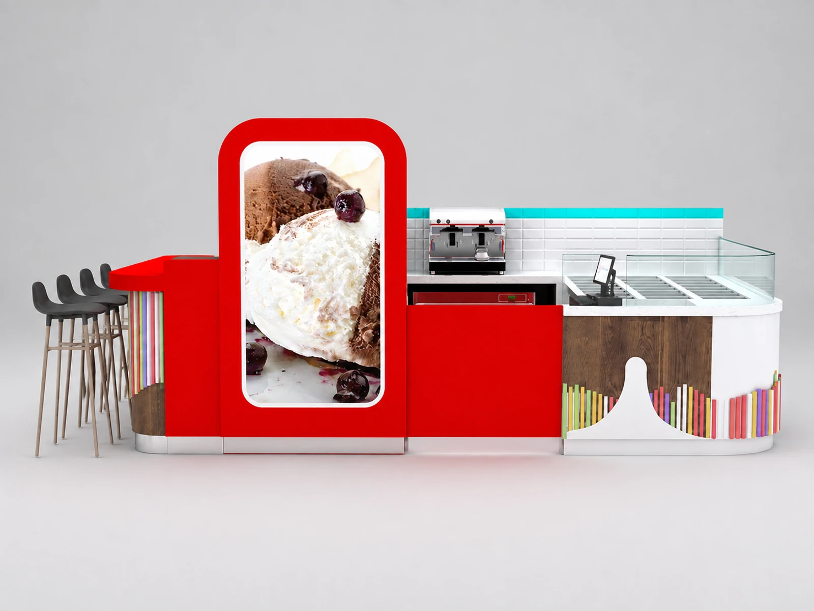 High quality ice -cream kiosk design frozen yogurt kiosk with bar counter — additional service-side perspective