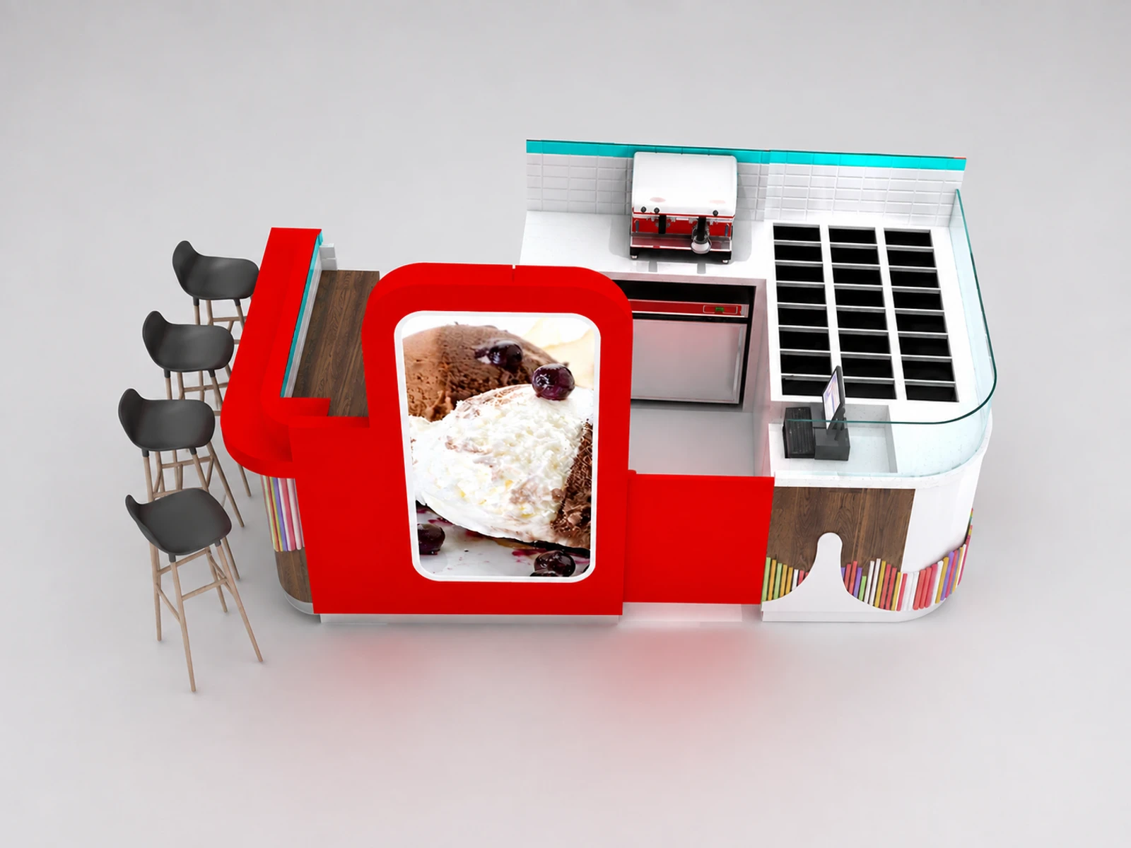 High quality ice -cream kiosk design frozen yogurt kiosk with bar counter — elevated layout view