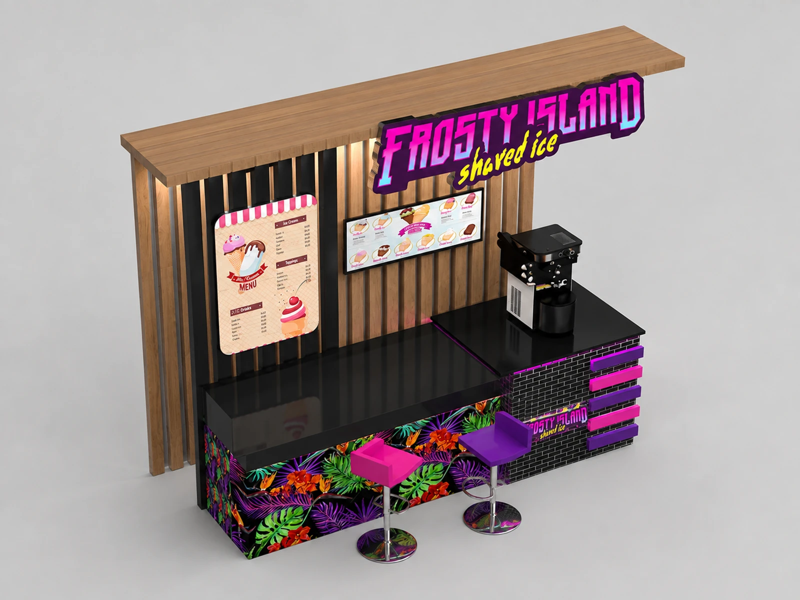 High Quality Ice Cream Kiosk Food Kiosk 3D Design in Retail Store for Sale — elevated layout view