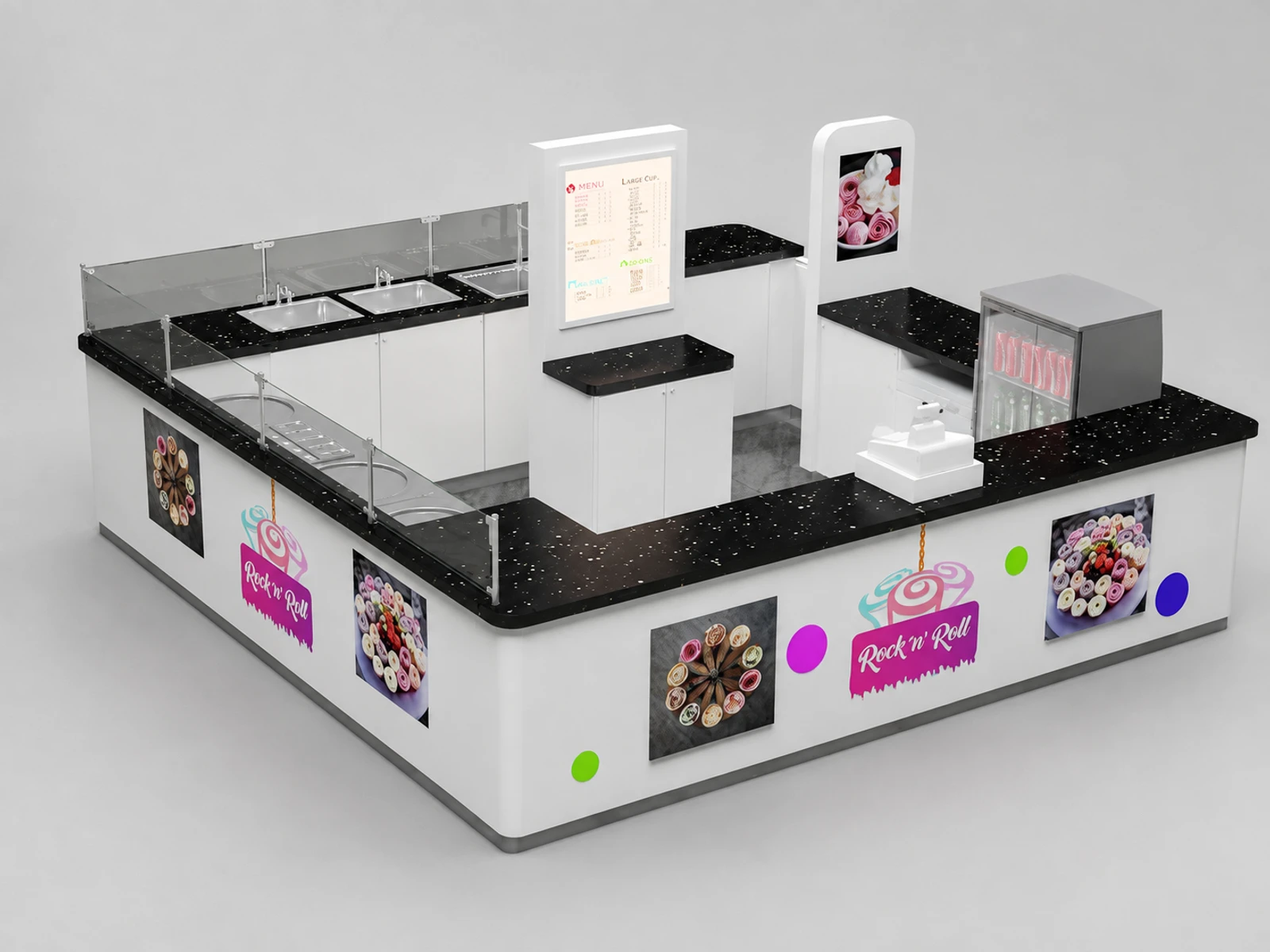 Hot Selling Fried Ice Cream Kiosk & Gelato Display Counter with for Food Bar Counter — overall kiosk design