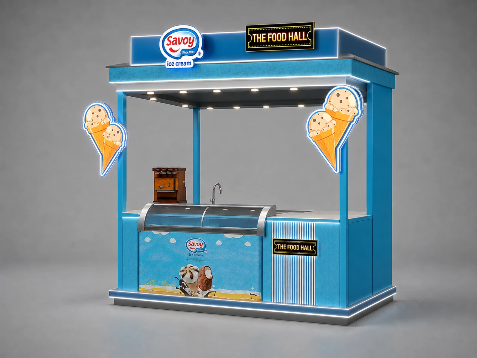 Ice Cream Booth Design Blue Ice Cream Kiosk Mall Inside Ice Cream Snack Bar — alternate counter perspective