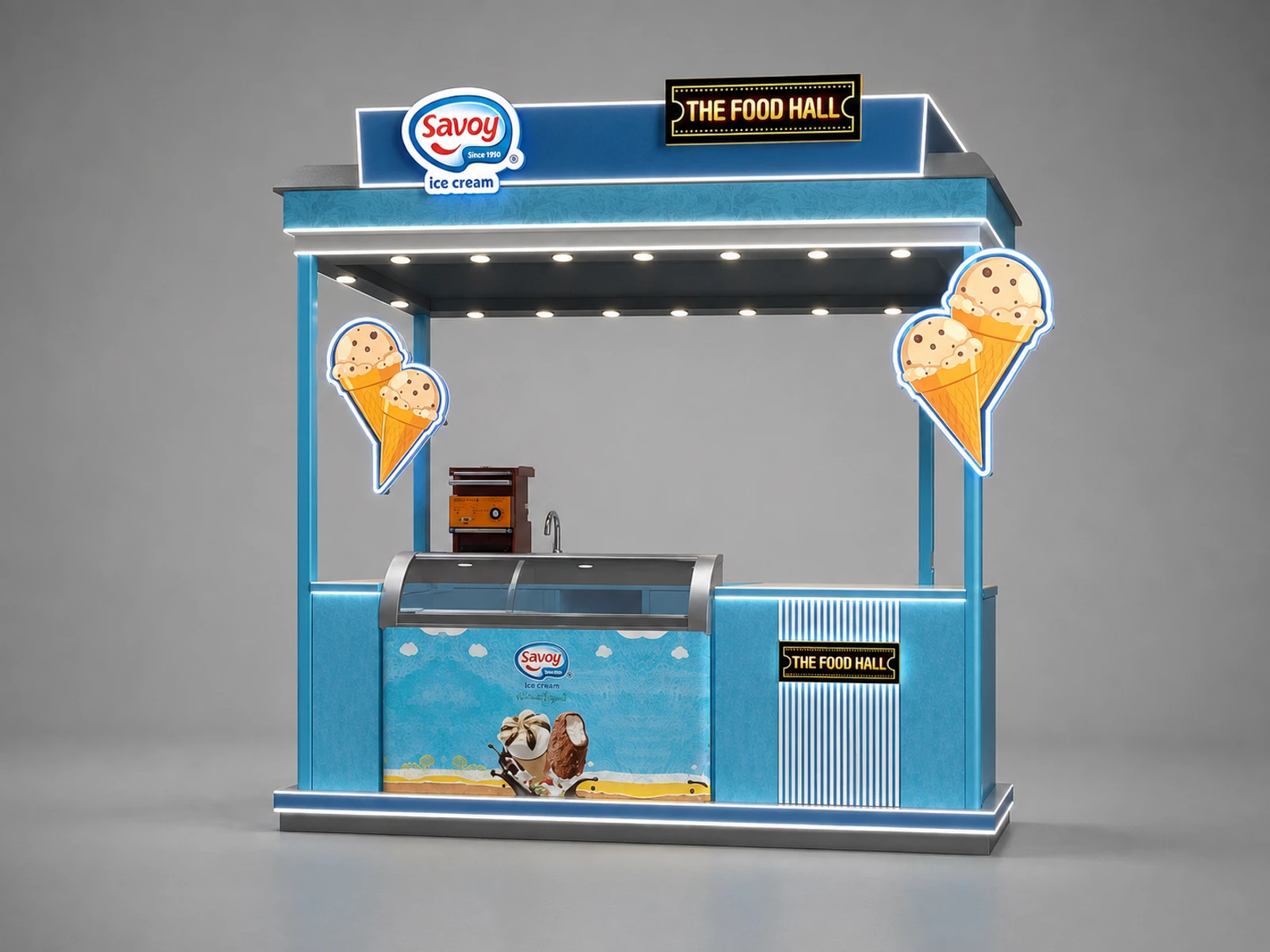 Ice Cream Booth Design Blue Ice Cream Kiosk Mall Inside Ice Cream Snack Bar — additional service-side perspective