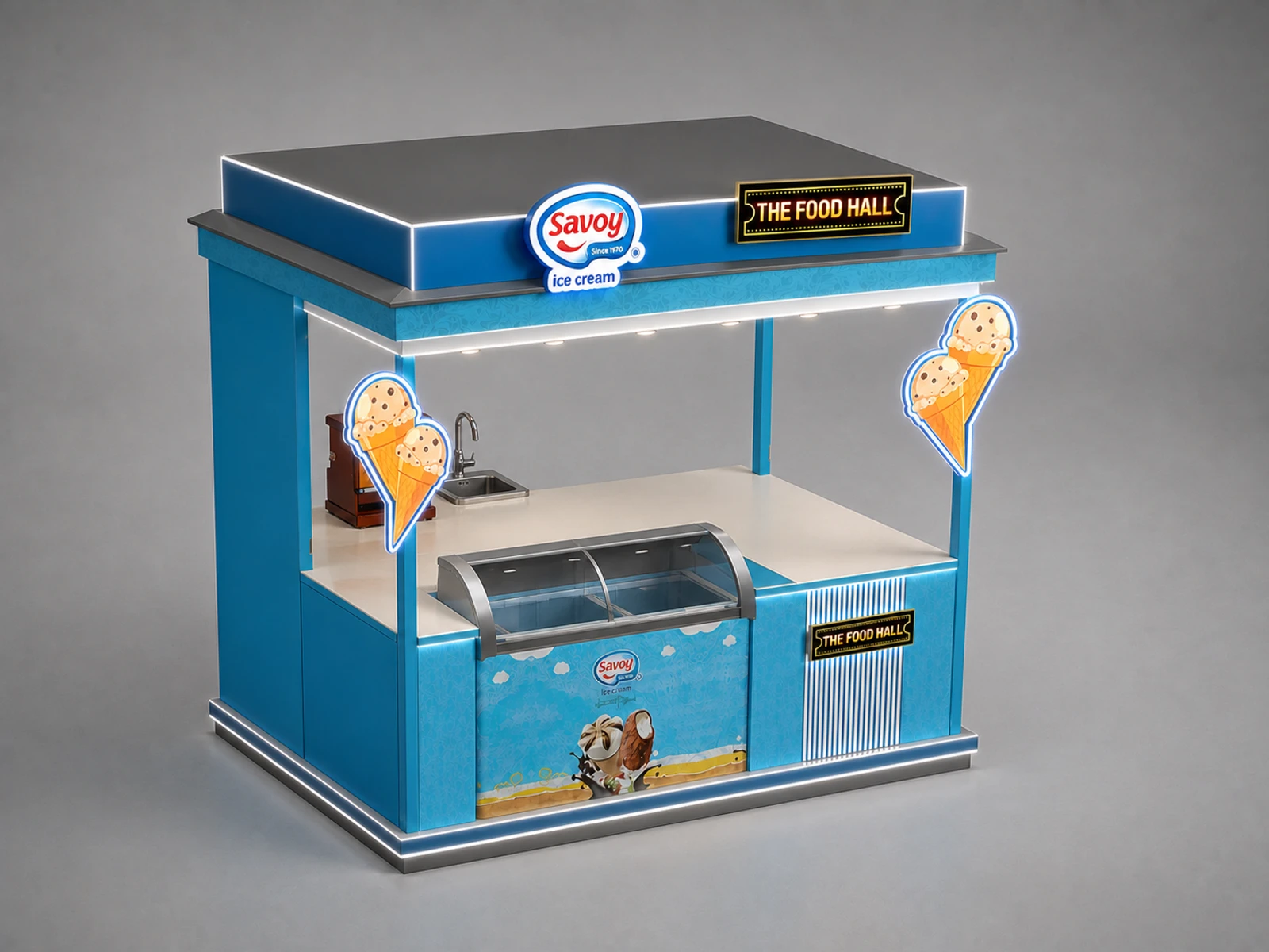 Ice Cream Booth Design Blue Ice Cream Kiosk Mall Inside Ice Cream Snack Bar — elevated layout view