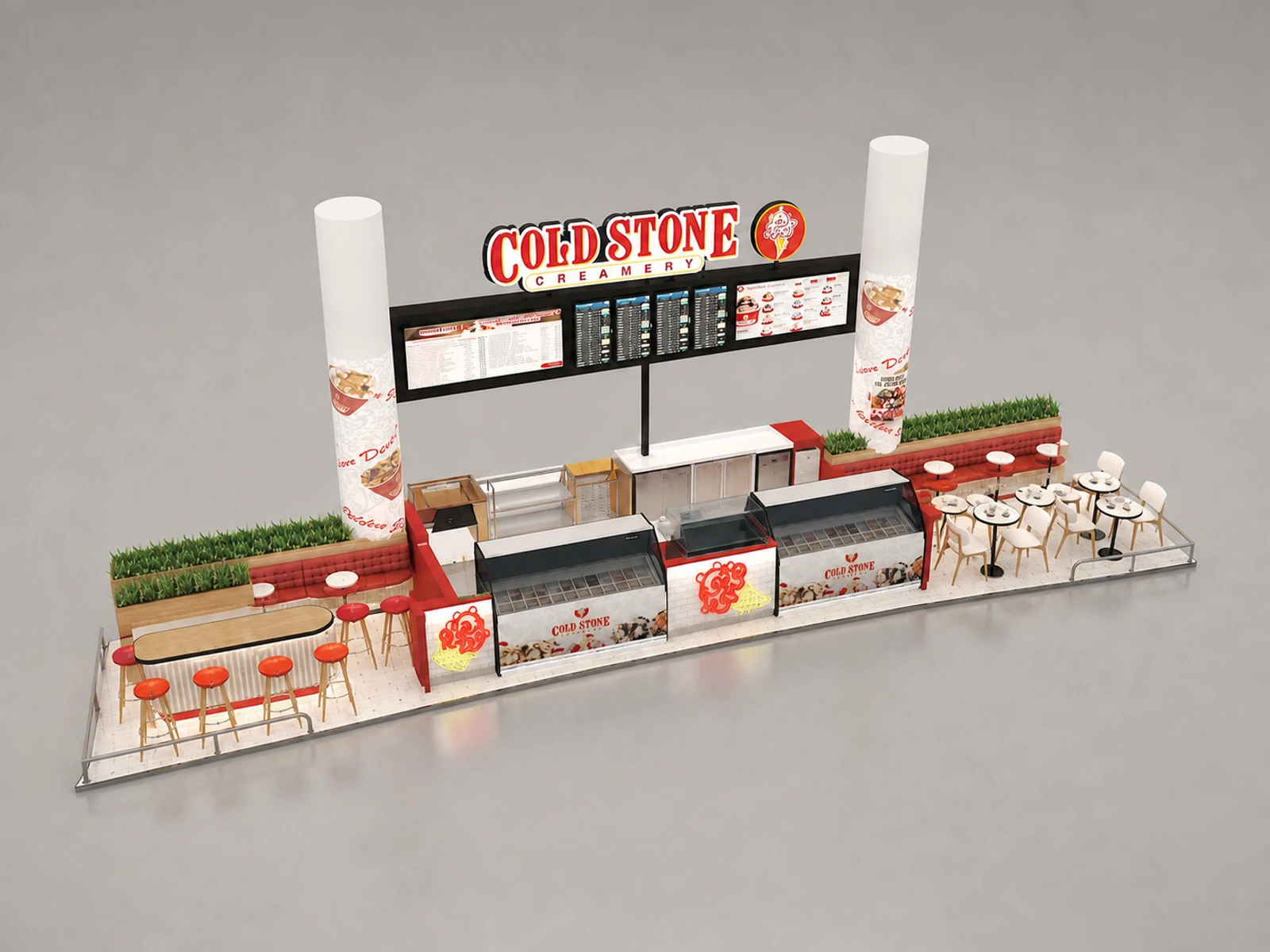 Ice Cream Booth Waffle Ice Cream Kiosk Mall Inside Food Booth With Sitting — elevated layout view