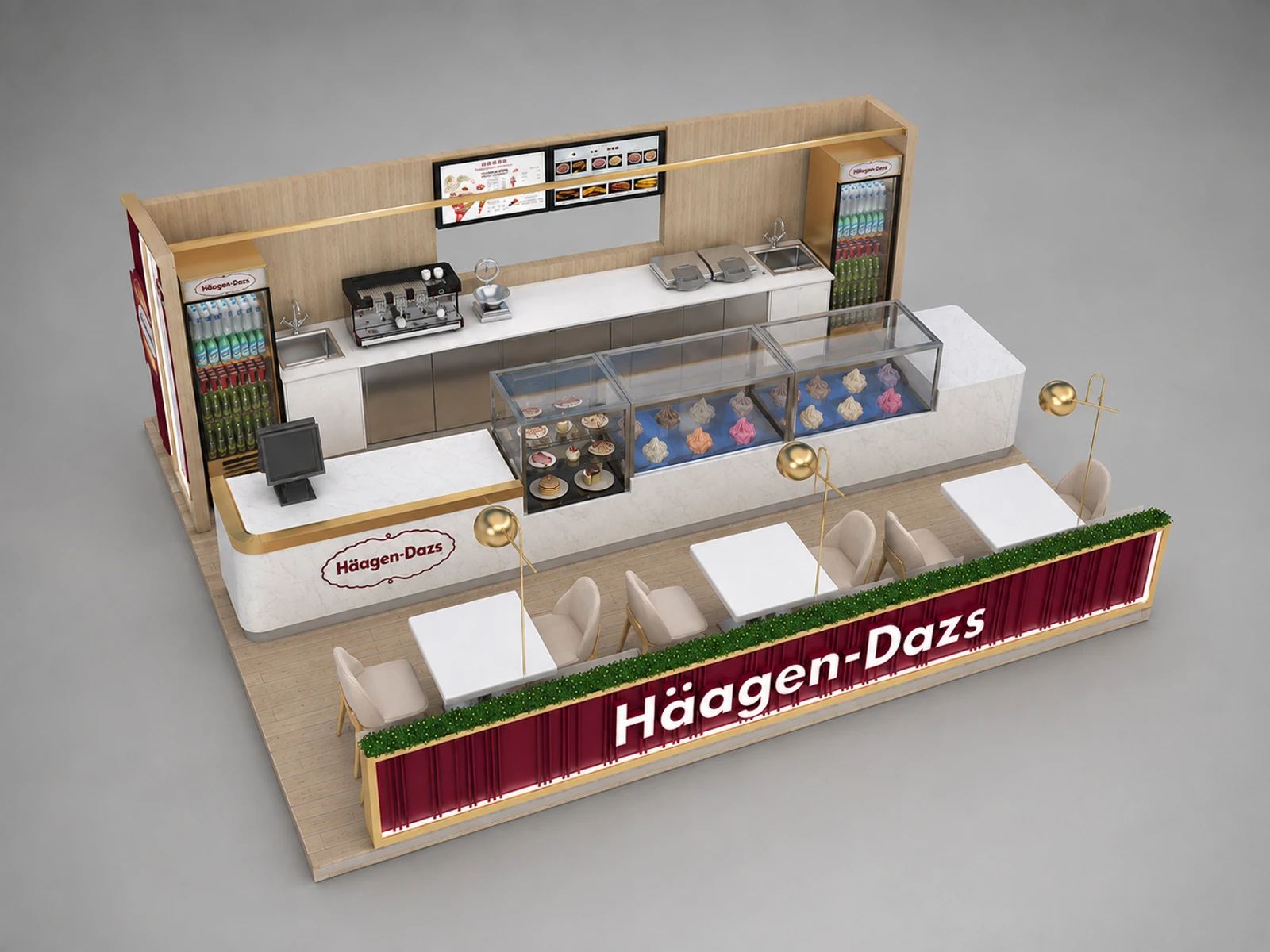 Ice Cream Counter Open Gelato Food Booth Sitting Ice Cream Mall Kiosk — elevated layout view