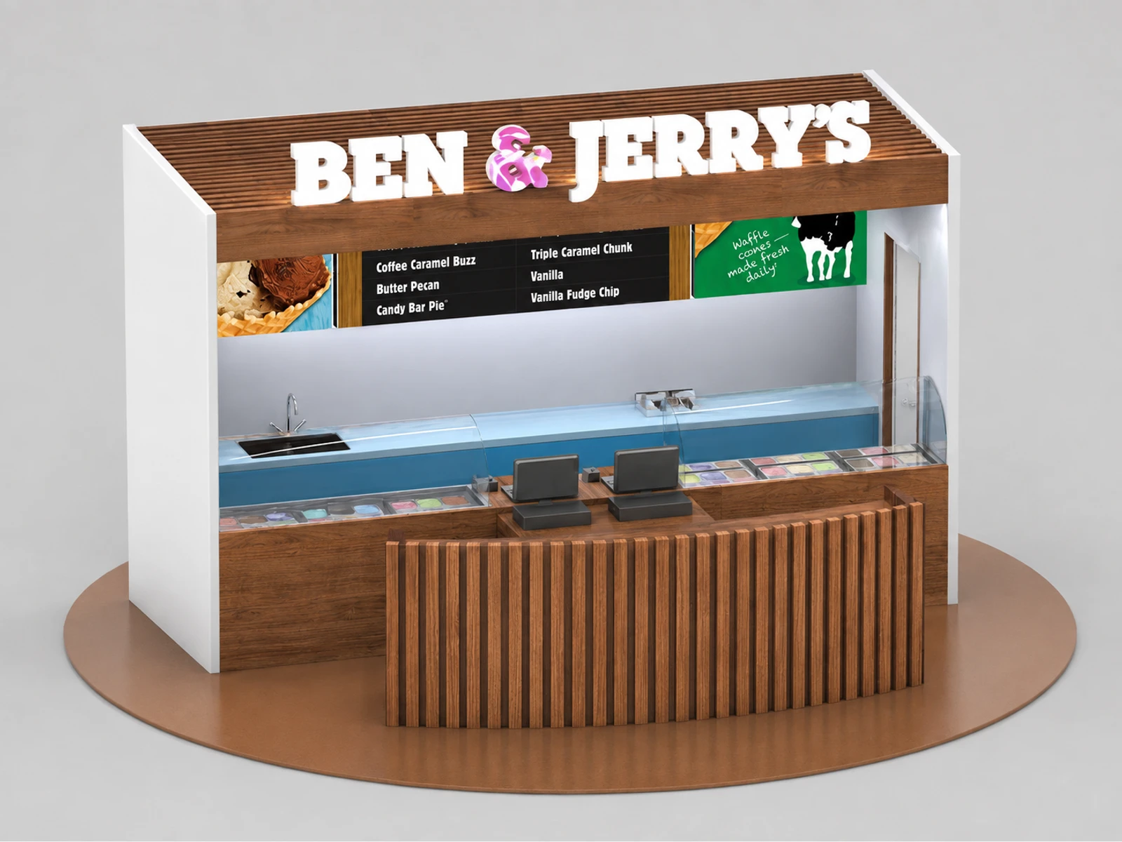 Ice Cream Display Counter Inside House Wooden Ice Cream Kiosk — overall kiosk design