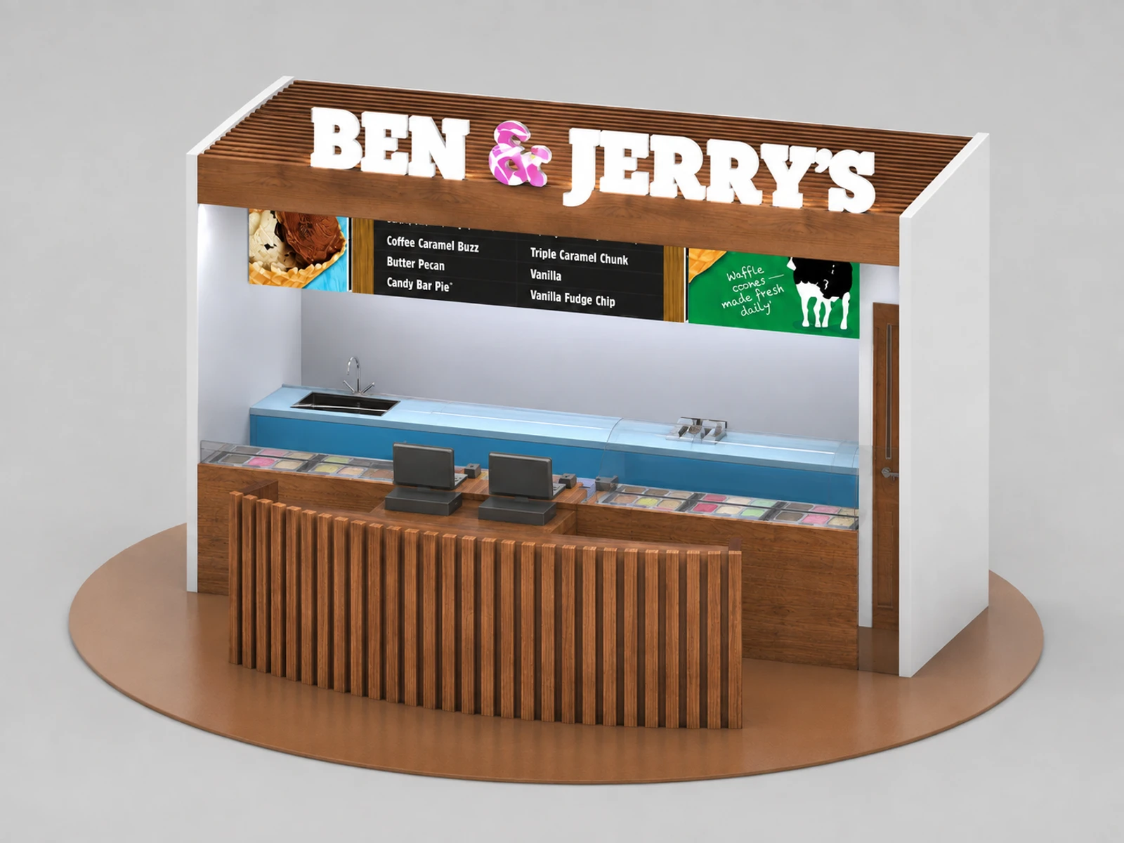 Ice Cream Display Counter Inside House Wooden Ice Cream Kiosk — alternate counter perspective