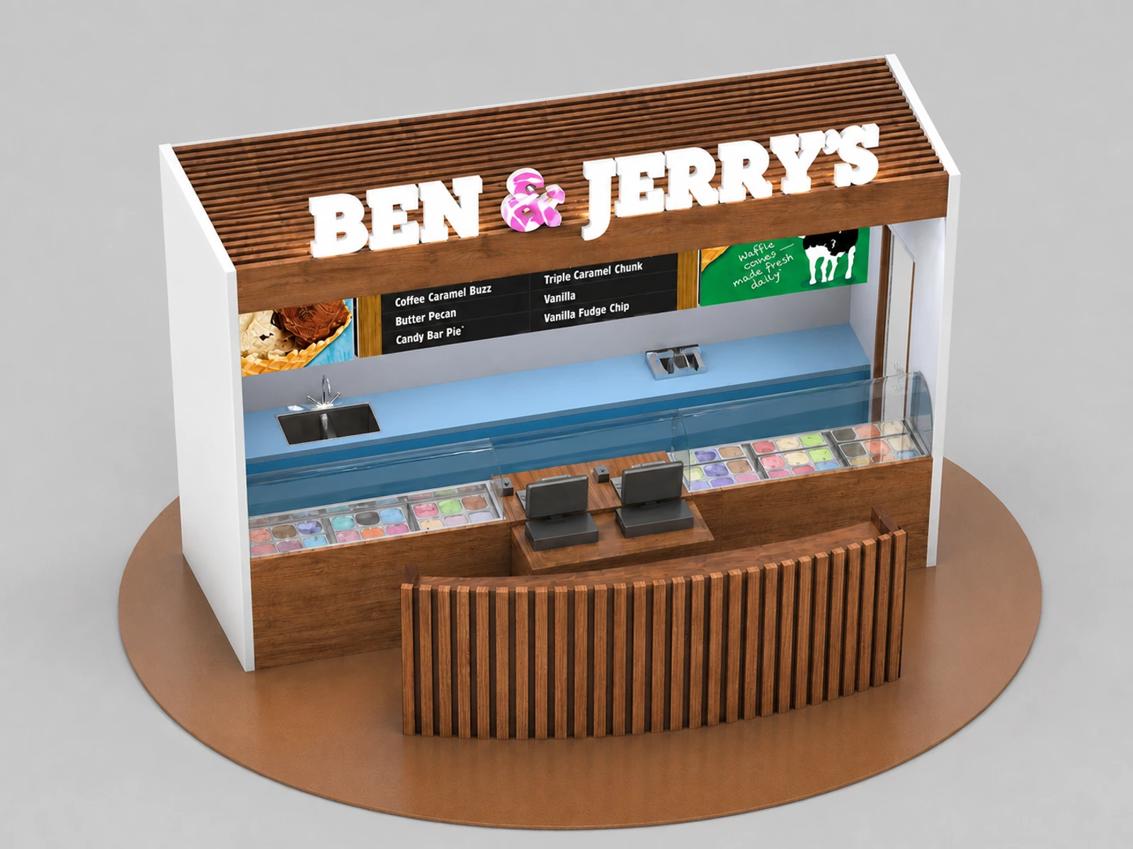 Ice Cream Display Counter Inside House Wooden Ice Cream Kiosk — elevated layout view