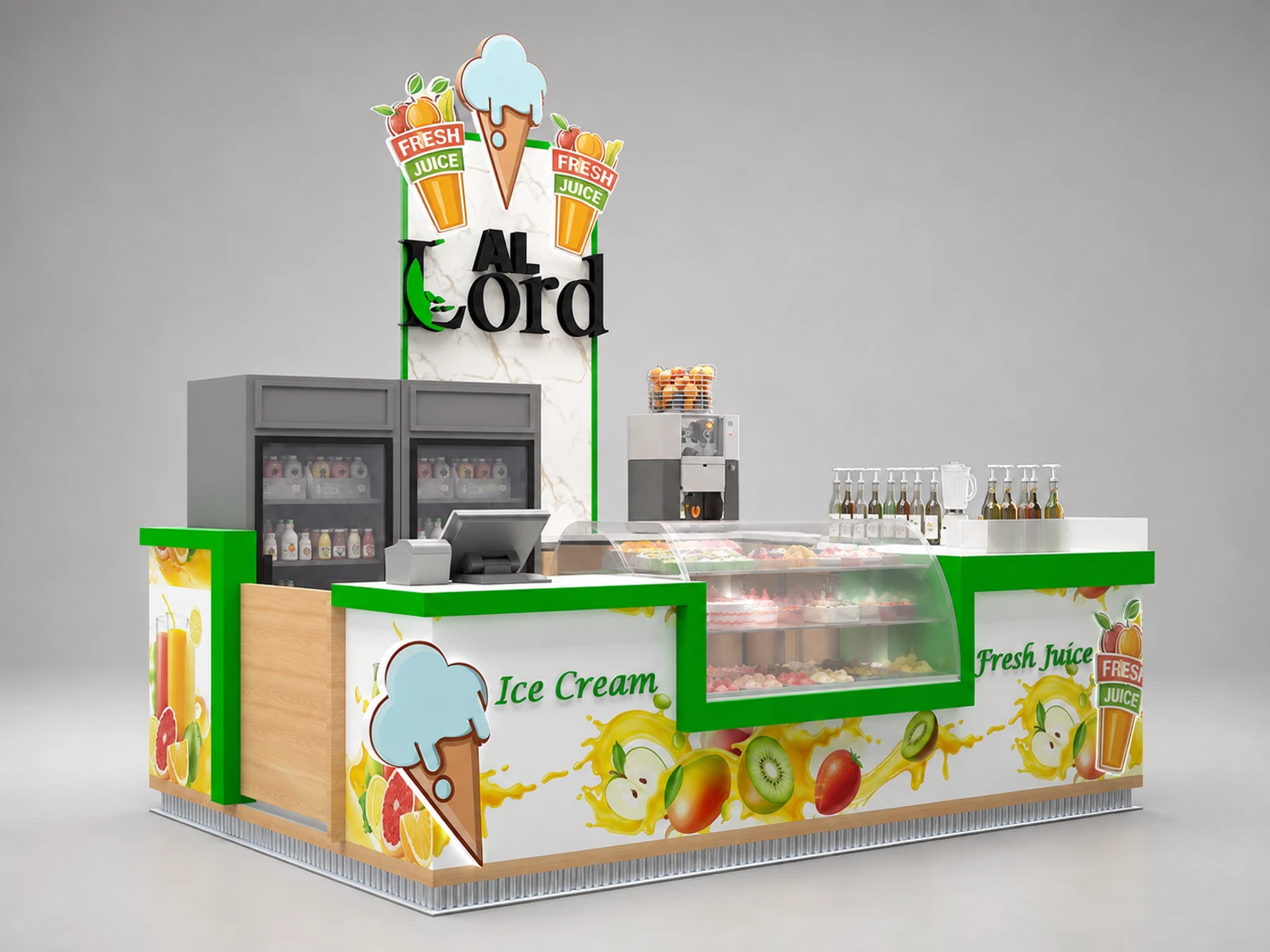 Ice Cream Food Kiosk Custom Retail Food Booth Snack Ice Cream Display Bar For Mall — overall kiosk design