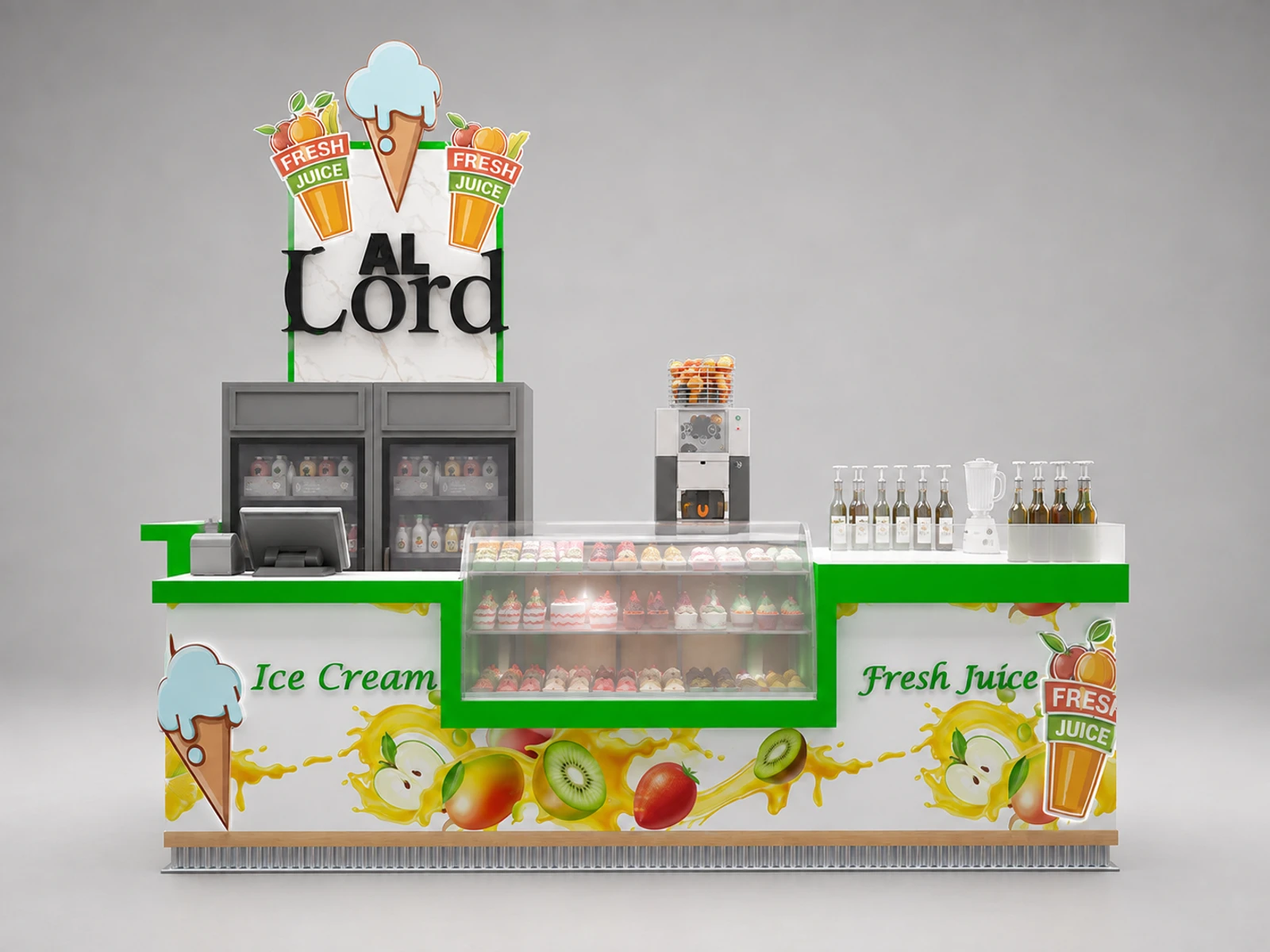 Ice Cream Food Kiosk Custom Retail Food Booth Snack Ice Cream Display Bar For Mall — additional service-side perspective