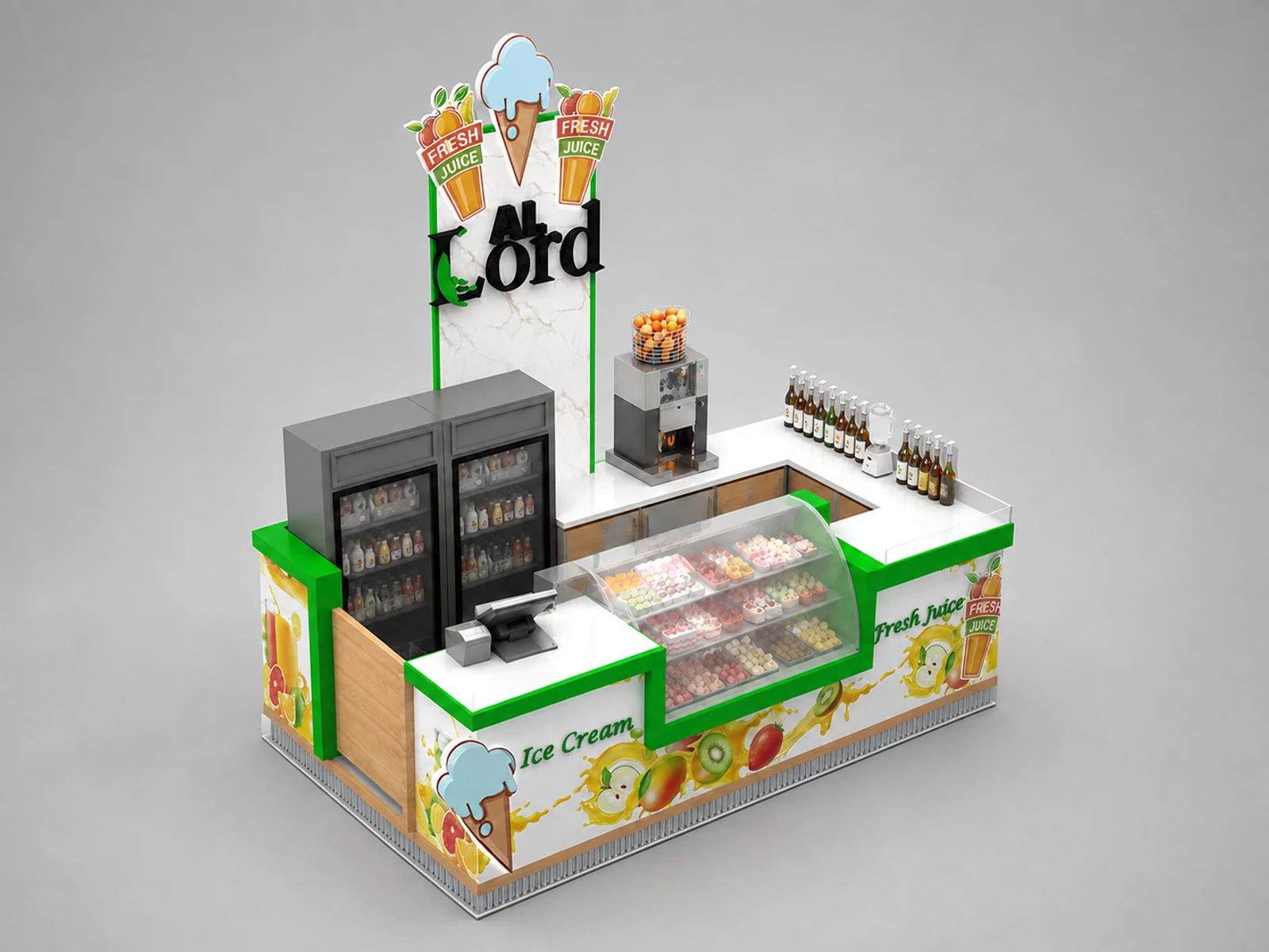 Ice Cream Food Kiosk Custom Retail Food Booth Snack Ice Cream Display Bar For Mall — elevated layout view