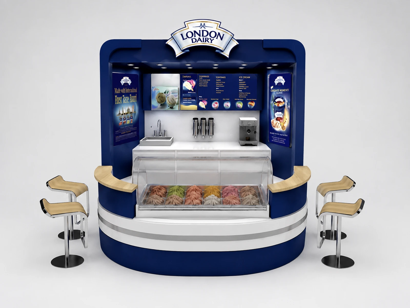 Ice Cream Kiosk Design Mall Retail Ice Cream Counter Booth 3D Design — additional service-side perspective