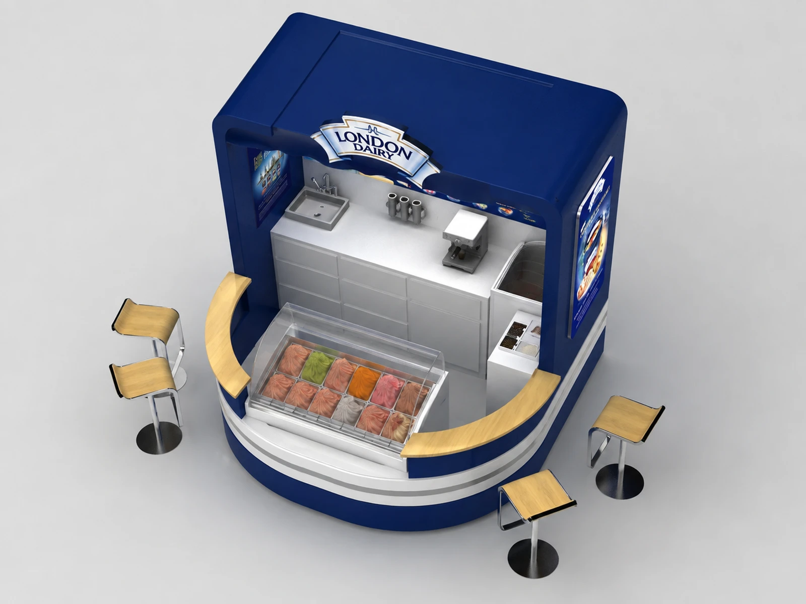 Ice Cream Kiosk Design Mall Retail Ice Cream Counter Booth 3D Design — elevated layout view
