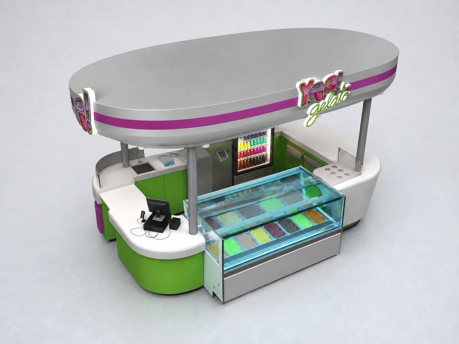 Ice Cream Kiosk & Frozen Yogurt Display Counter in Retail Store with Professional Design — elevated layout view