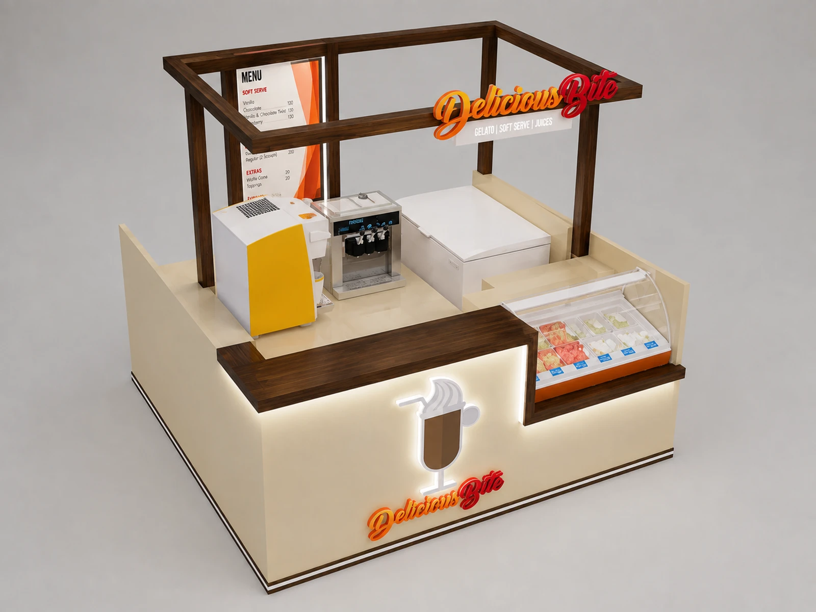 Ice Cream Kiosk Function Ice Cream Counter Design Store Display — elevated layout view