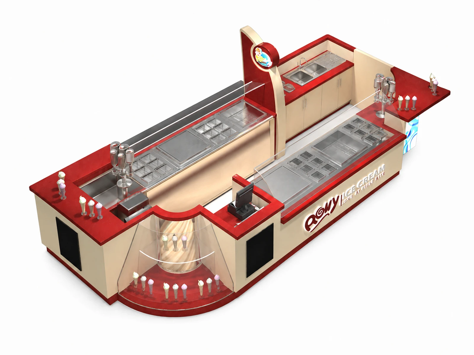 Ice Cream Kiosk Mall Retail Food Kiosk Design Ice Cream Counter — elevated layout view