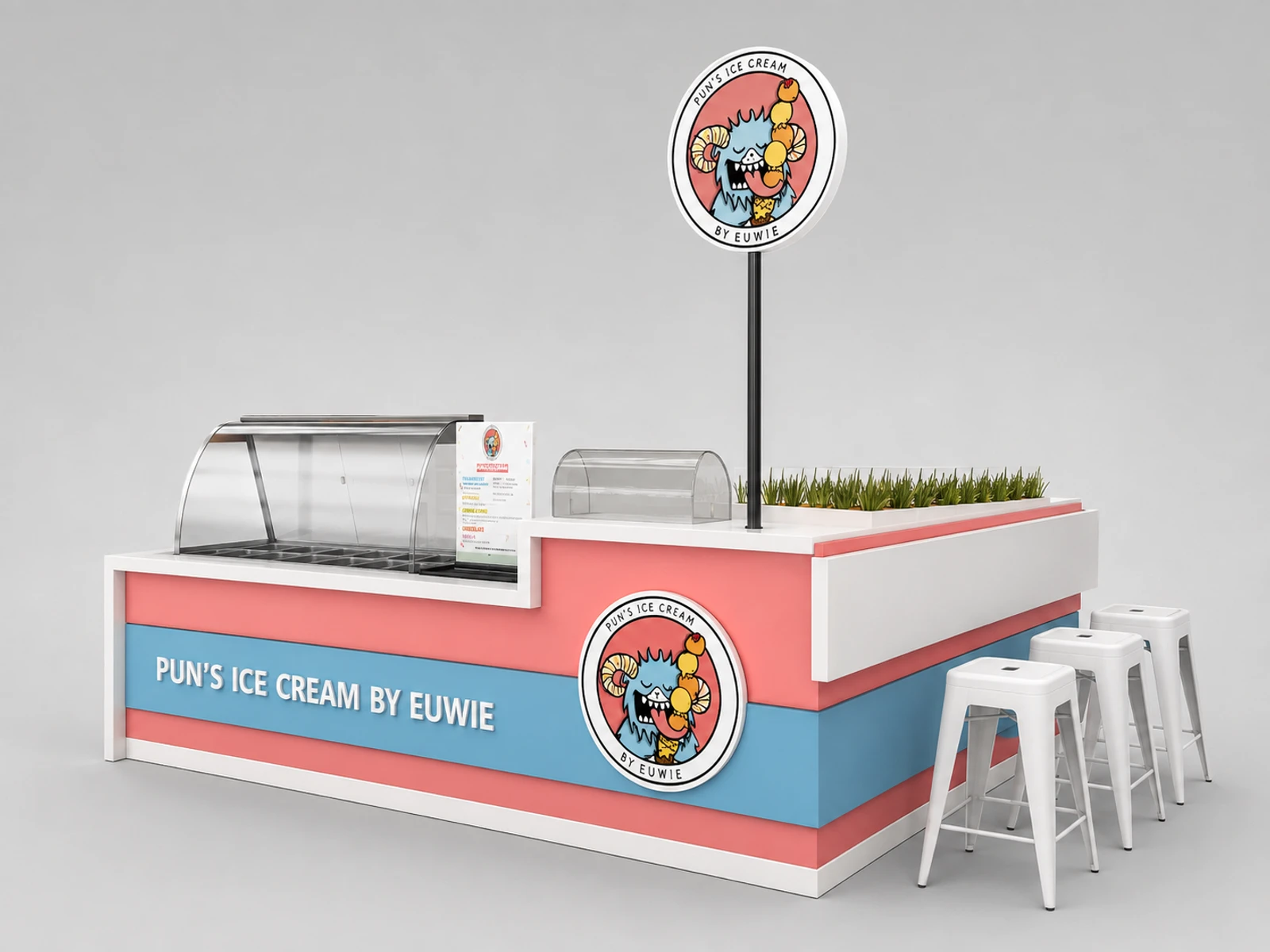 Ice Cream Kiosk Pink Color Gelato Food Booth Ice Cream Retail Bar — overall kiosk design
