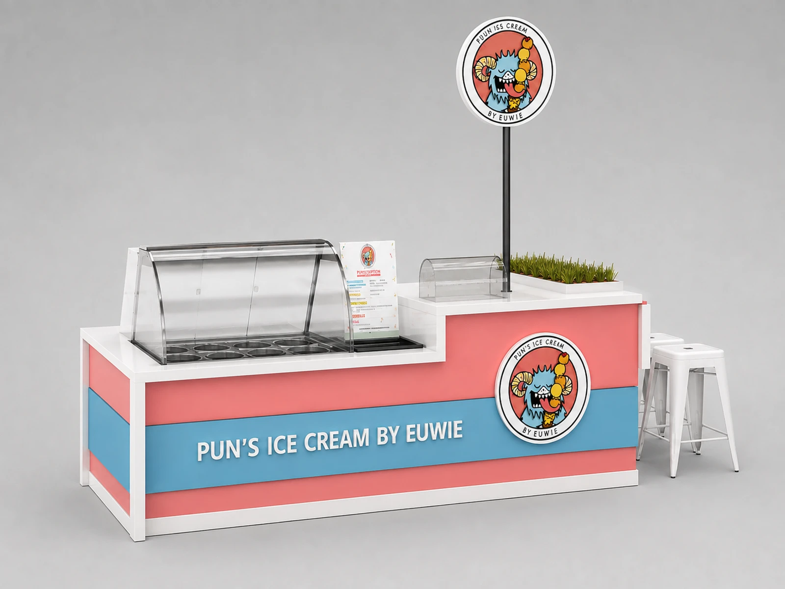 Ice Cream Kiosk Pink Color Gelato Food Booth Ice Cream Retail Bar — alternate counter perspective