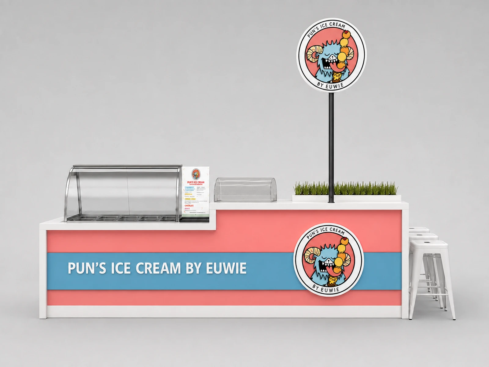 Ice Cream Kiosk Pink Color Gelato Food Booth Ice Cream Retail Bar — additional service-side perspective