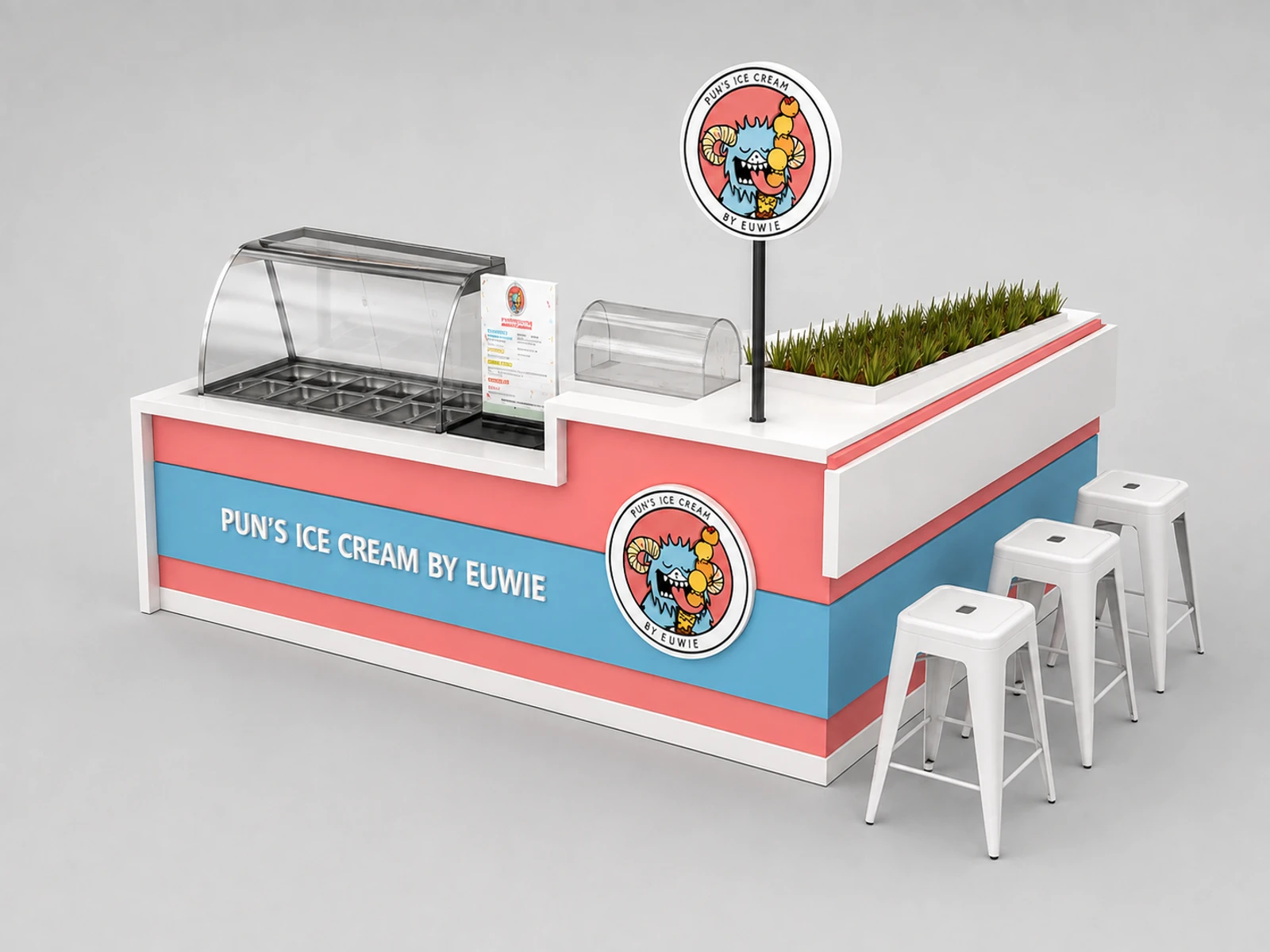 Ice Cream Kiosk Pink Color Gelato Food Booth Ice Cream Retail Bar — elevated layout view