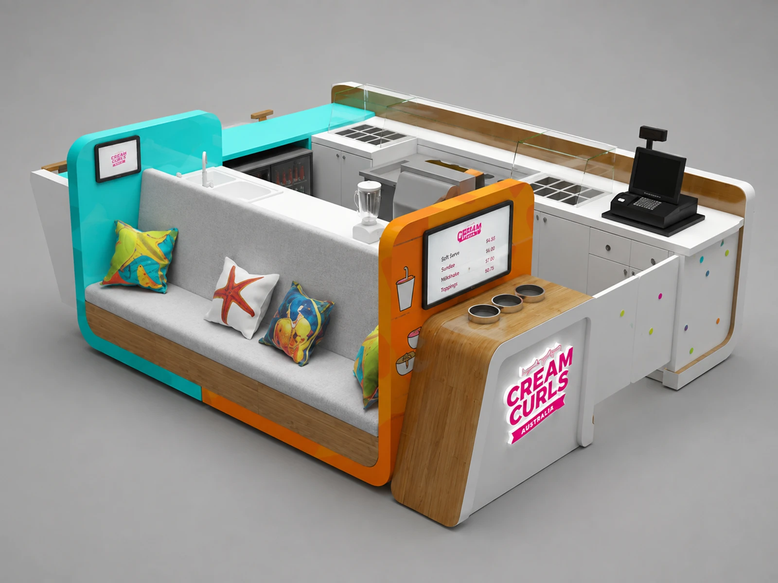 Ice cream kiosk with seats | special design for a mall food booth — overall kiosk design