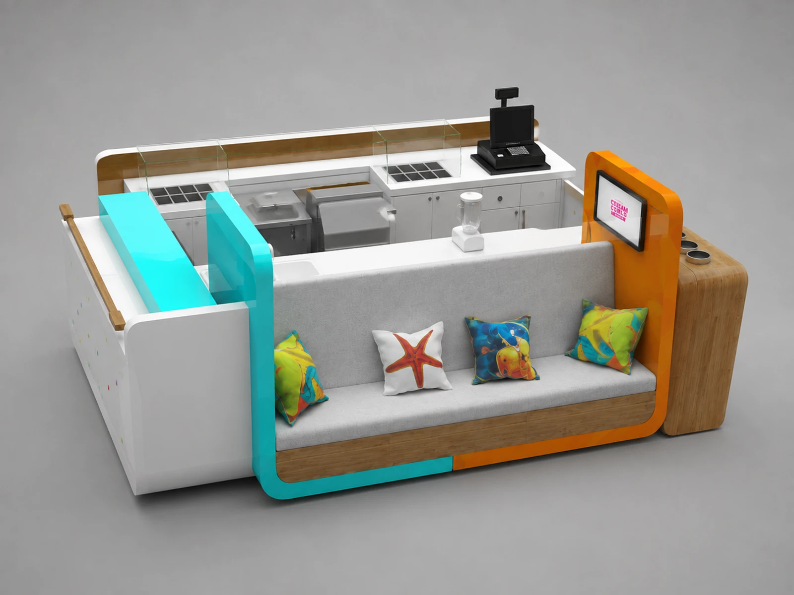 Ice cream kiosk with seats | special design for a mall food booth — alternate counter perspective