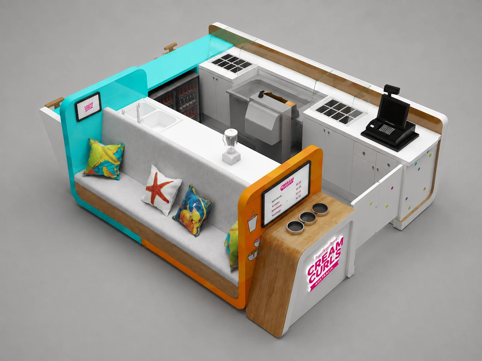 Ice cream kiosk with seats | special design for a mall food booth — elevated layout view