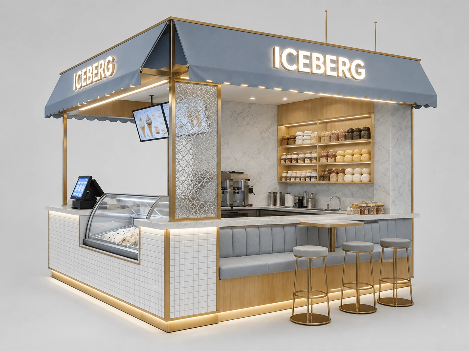 Ice Cream Shop Kiosk with Display Freezer & Custom Branding for Mall on Sale — alternate counter perspective