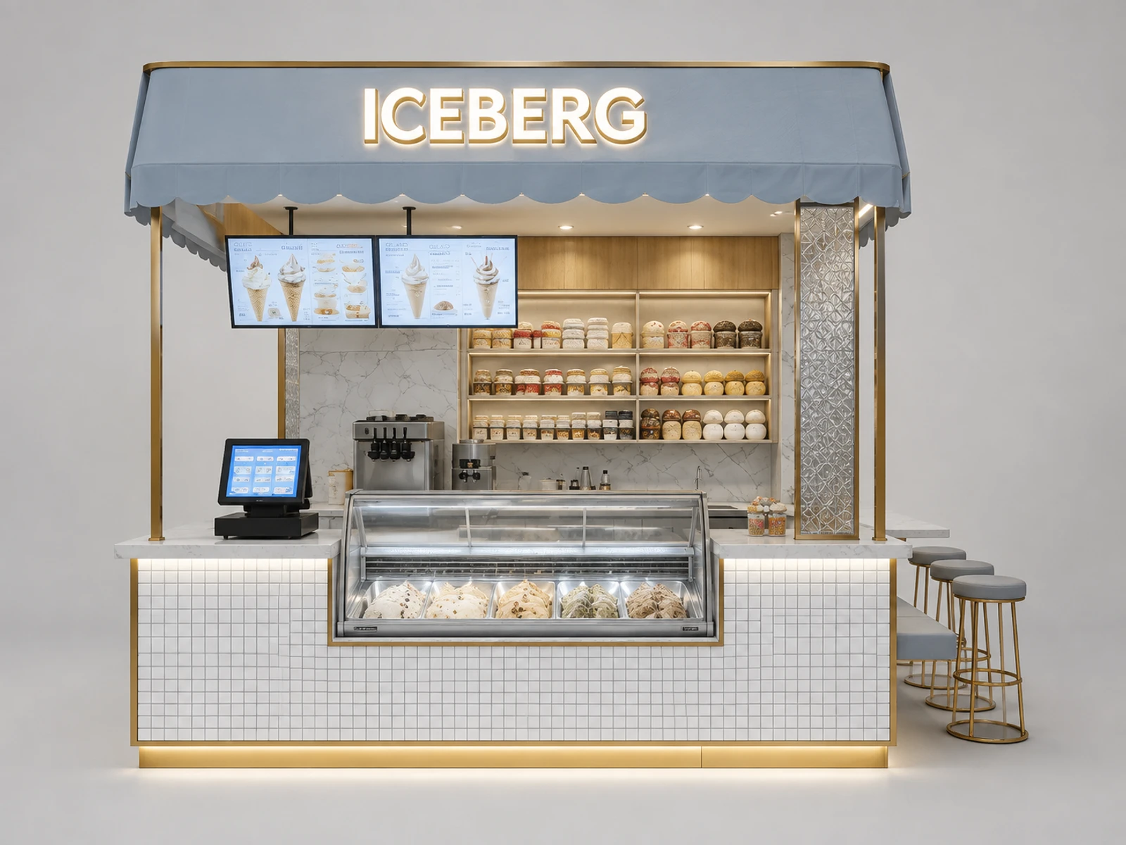 Ice Cream Shop Kiosk with Display Freezer & Custom Branding for Mall on Sale — additional service-side perspective