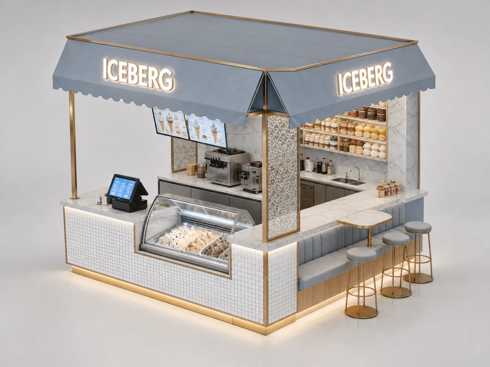Ice Cream Shop Kiosk with Display Freezer & Custom Branding for Mall on Sale — elevated layout view