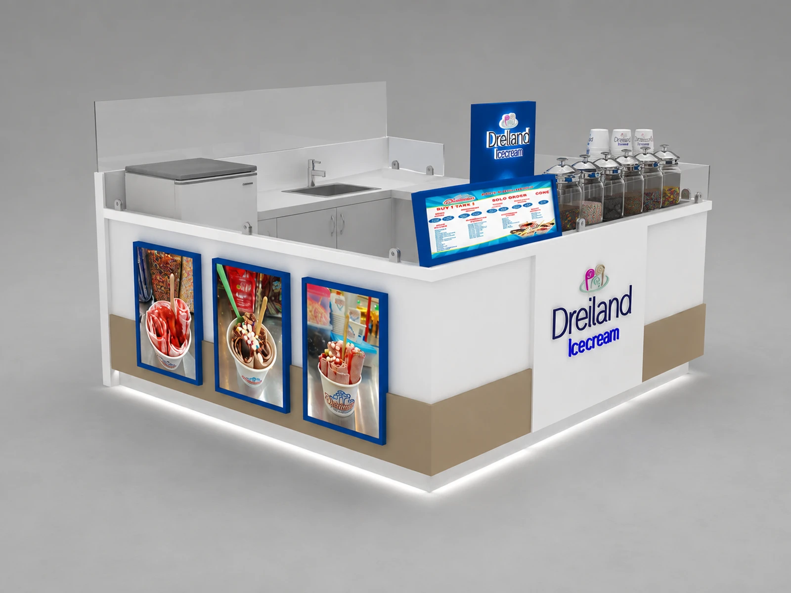 Ice Cute Food Kiosk Fried Ice Roll Snack Booth Custom Ice Cream Roll Vendor — overall kiosk design