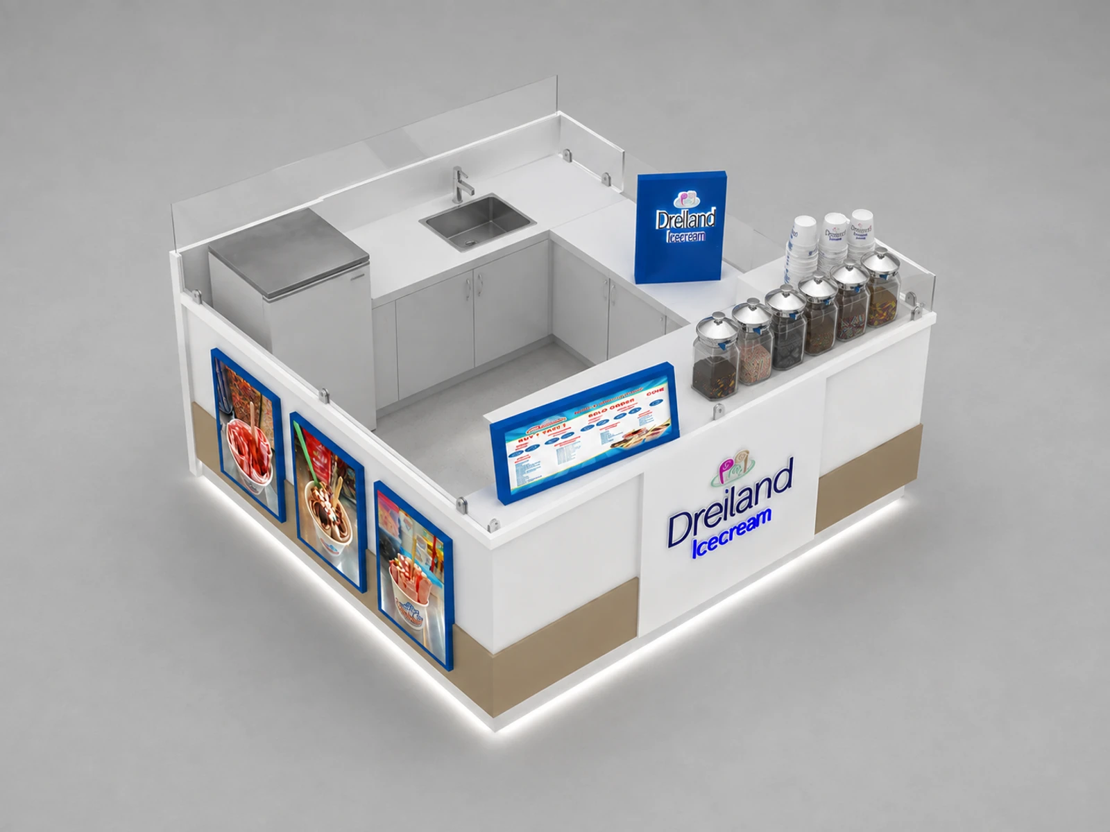 Ice Cute Food Kiosk Fried Ice Roll Snack Booth Custom Ice Cream Roll Vendor — elevated layout view