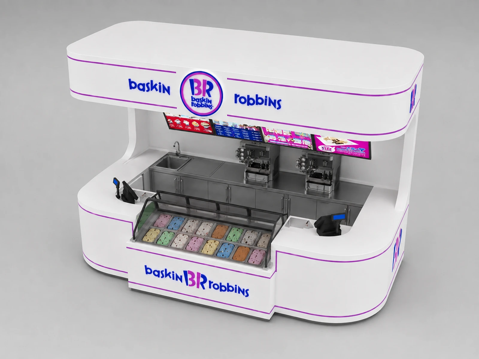 Large Sweet Ice Cream Display Kiosk Modern Soft Ice Cream Counter — elevated layout view