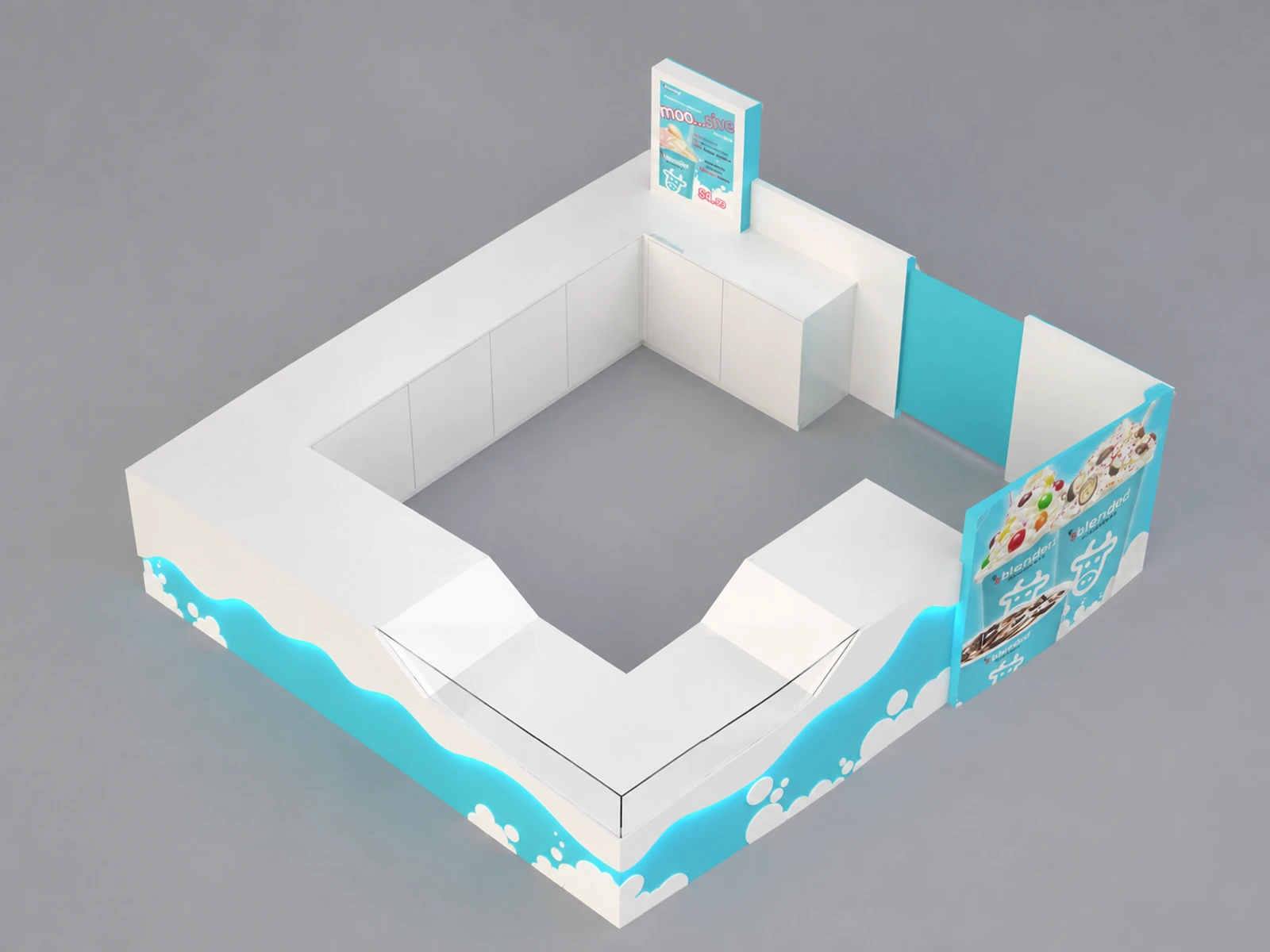 Light Blue Ice Cream Kiosk Design Latest Ice Cream Booth Design for Shopping Malls on Sale — elevated layout view