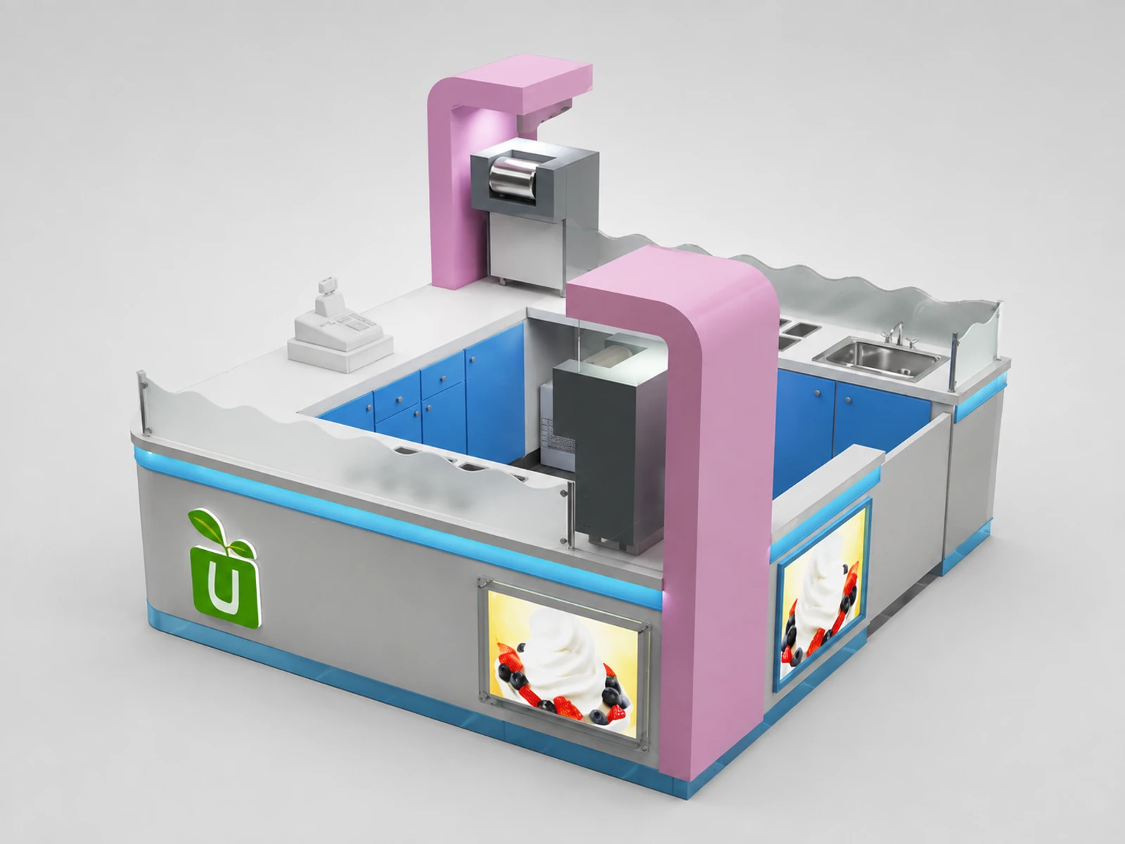 Lovely shaved ice cream store display counter, frozen yogurt bar counter used in USA mall — overall kiosk design