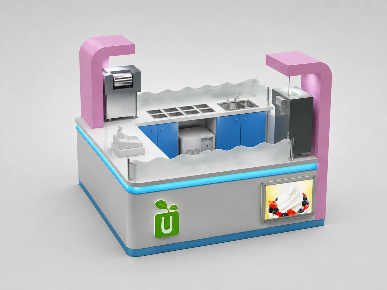 Lovely shaved ice cream store display counter, frozen yogurt bar counter used in USA mall — alternate counter perspective