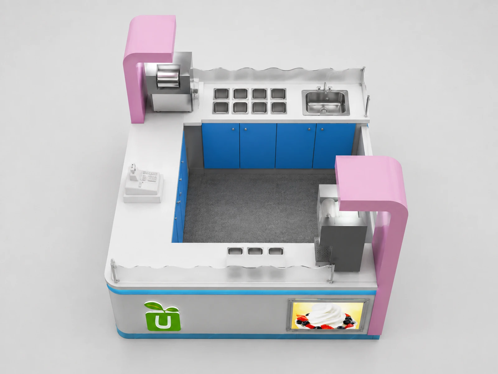 Lovely shaved ice cream store display counter, frozen yogurt bar counter used in USA mall — elevated layout view