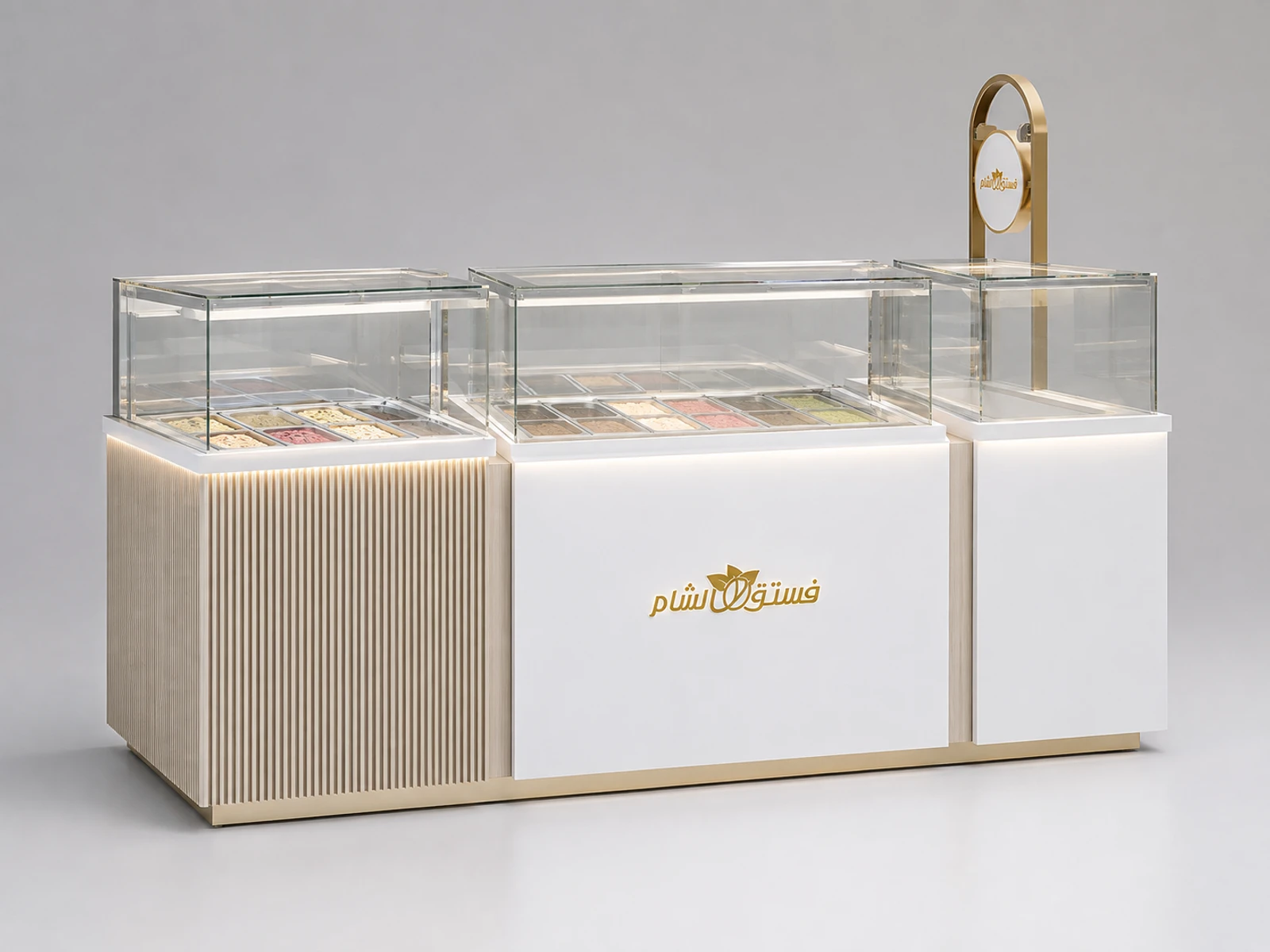 Luxury Ice Cream Kiosk Wooden Ice Cream Sundae Bar Gelato Display Counter — overall kiosk design