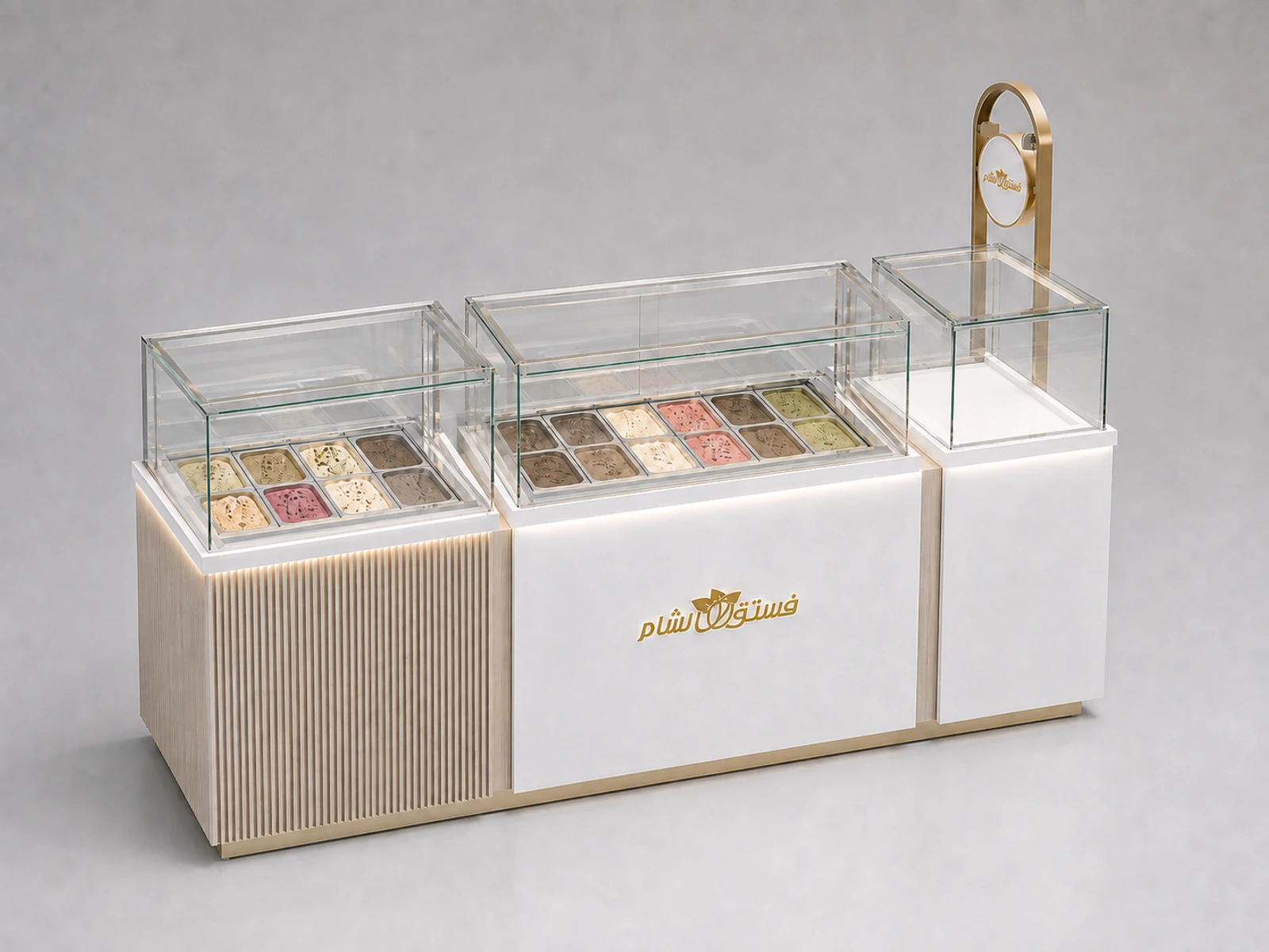 Luxury Ice Cream Kiosk Wooden Ice Cream Sundae Bar Gelato Display Counter — elevated layout view