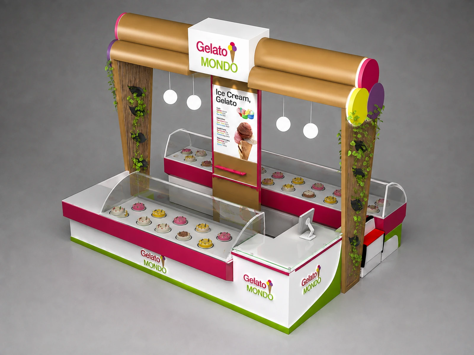 Mall Kiosk | Custom Gelato Ice‑Cream Kiosk for Shopping Center — elevated layout view