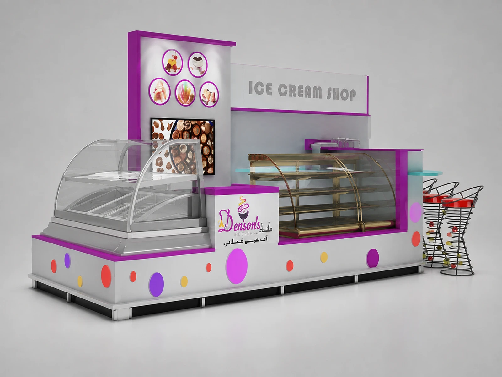 Mall Wall Corner Kiosk Lease Ice Cream Kiosk Shop Design Colorful Display Ideas — alternate counter perspective